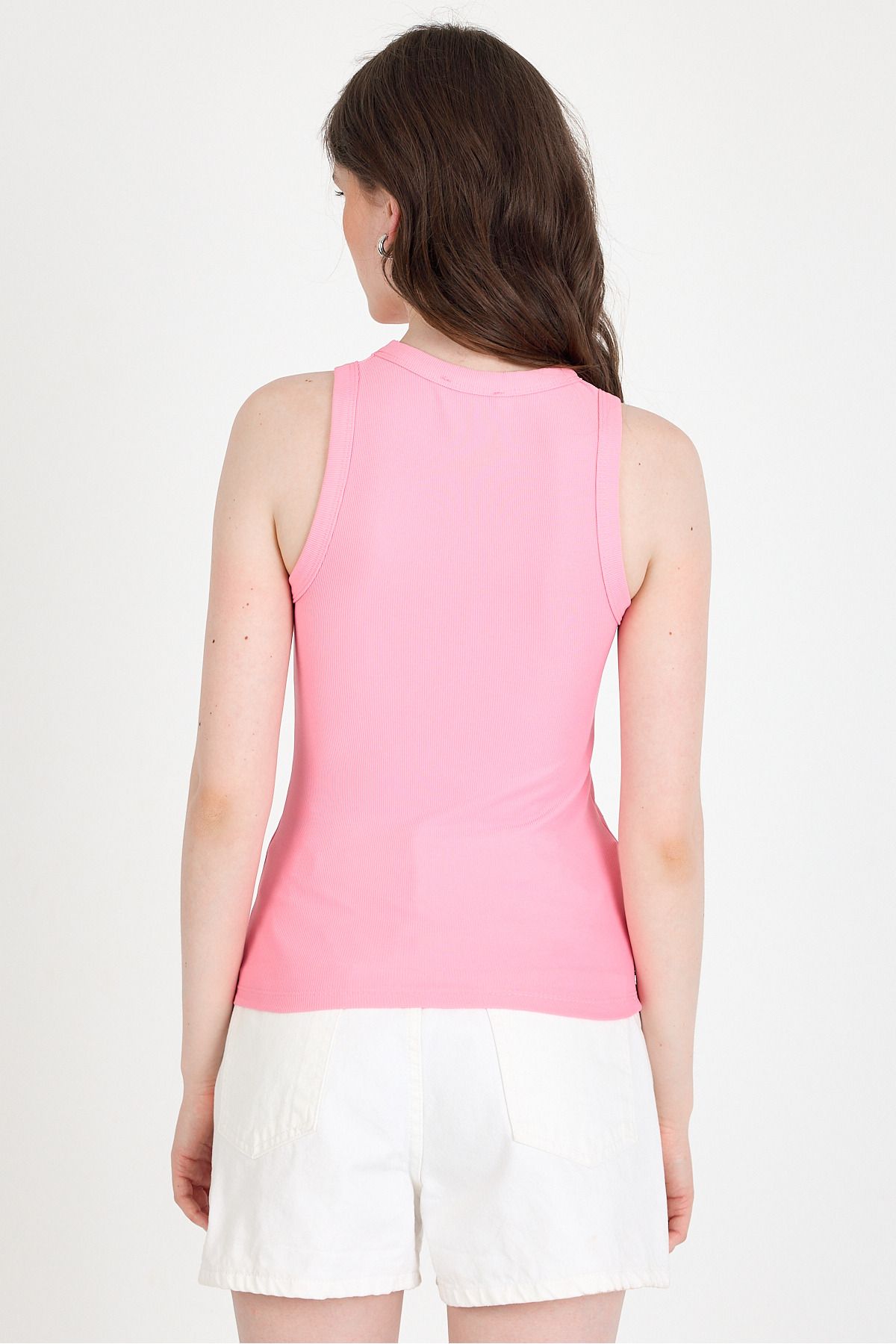 Rays-Pink Stone Processing Detailed Halter Neck Knitted Tank Top 0349 5