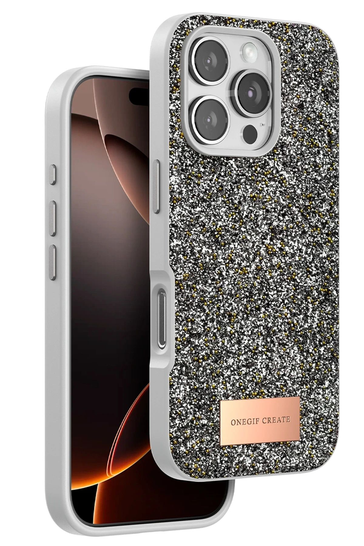 ONEGIF iPhone 16 Pro Max Bright Simli Kapak - Gümüş YNSMR