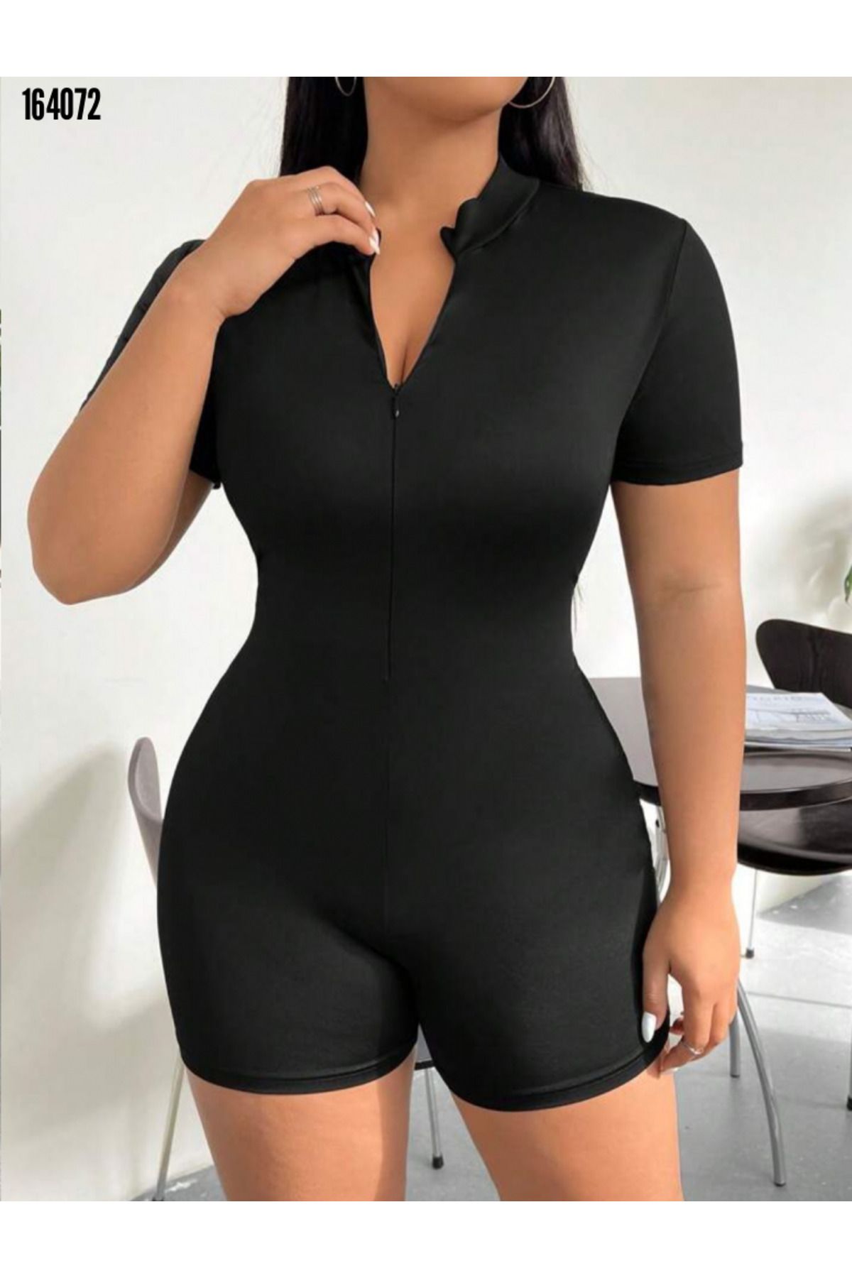 Janes Giyim Kadın Fermuarlı Tulum – Kısa Kollu Bodycon Dalgıç Kumaş Spor Model