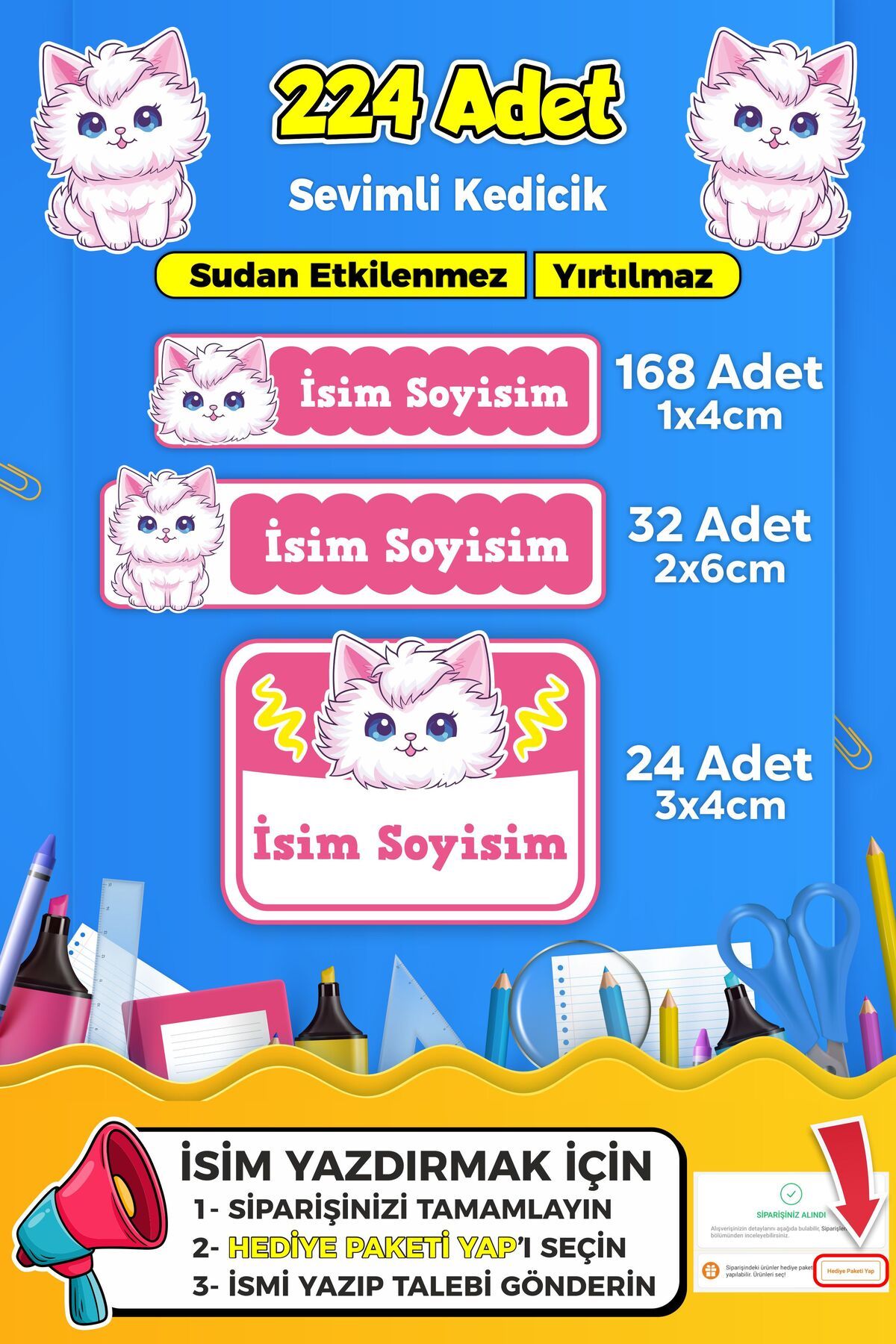 SB store Sevimli Kedi Temalı Okul Kreş Kişiye Özel isim Etiket Seti - Model 373