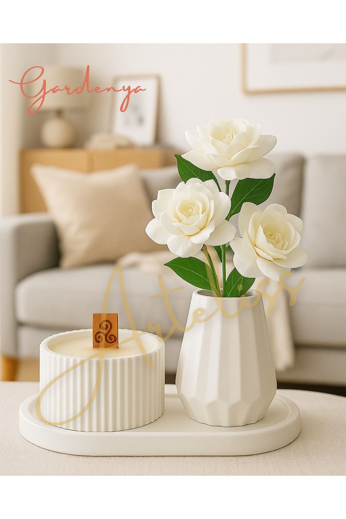 Arteliss Gardenya Kokulu Ahşap Fitilli Mum & Vazo Seti | Dekoratif Tepsili | Minimal Iskandinav Dekor