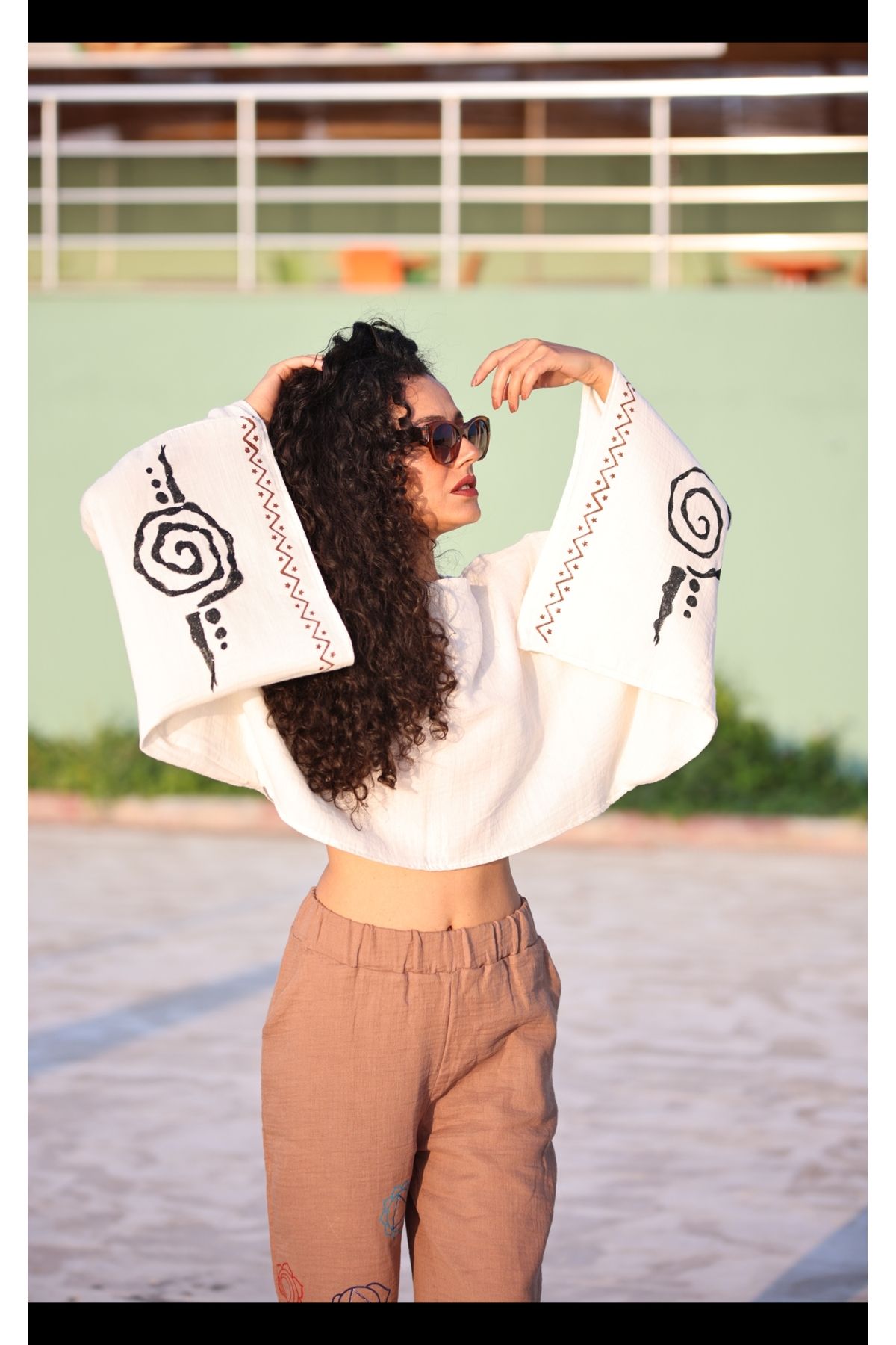 hat craft Müslin kimono kol bluz etnik güneş desen,plaj kıyafeti
