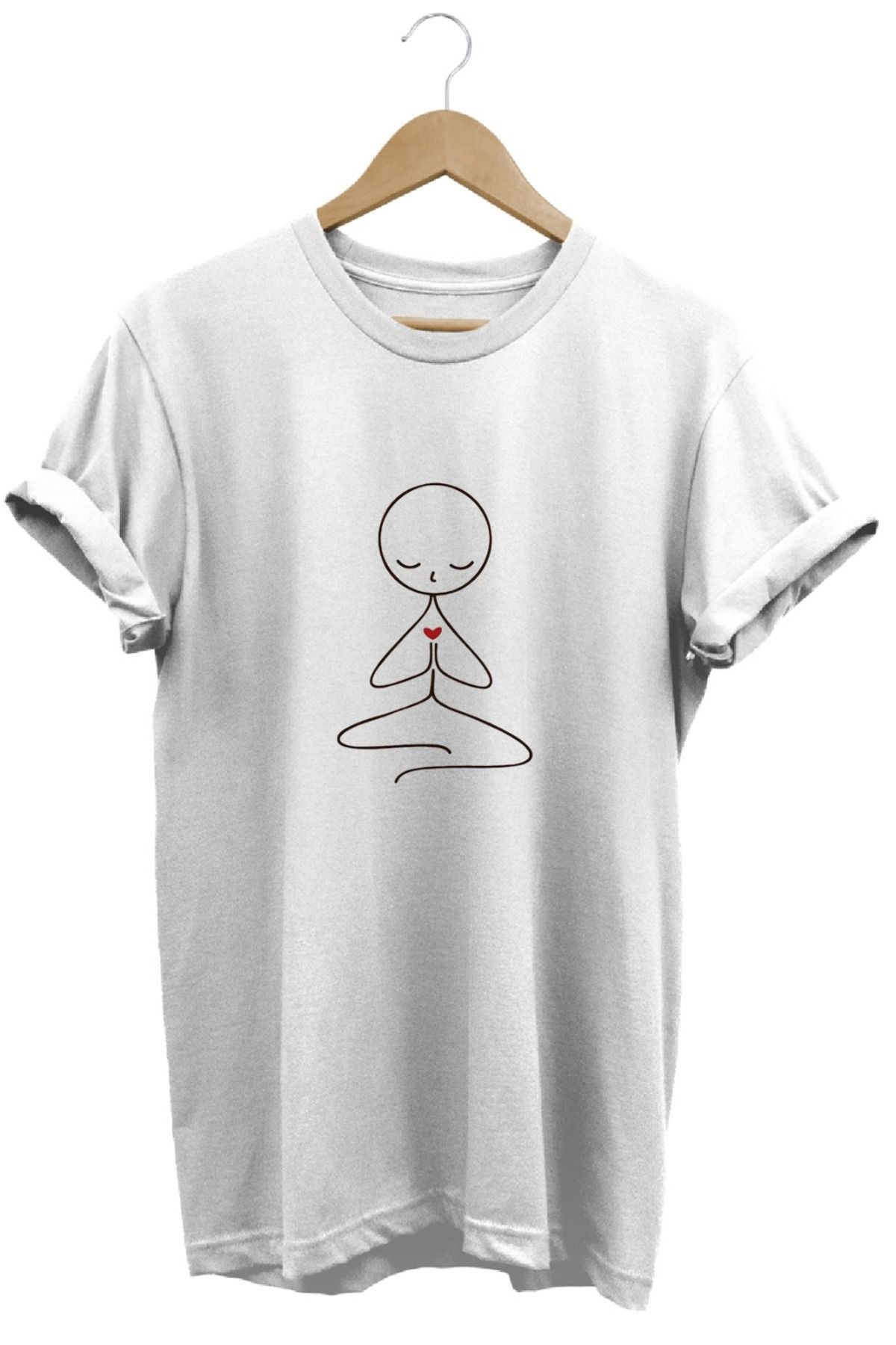 joyyfashion Yoga Oturuşu Çizgi Kırmızı Kalp Baskılı T-Shirt