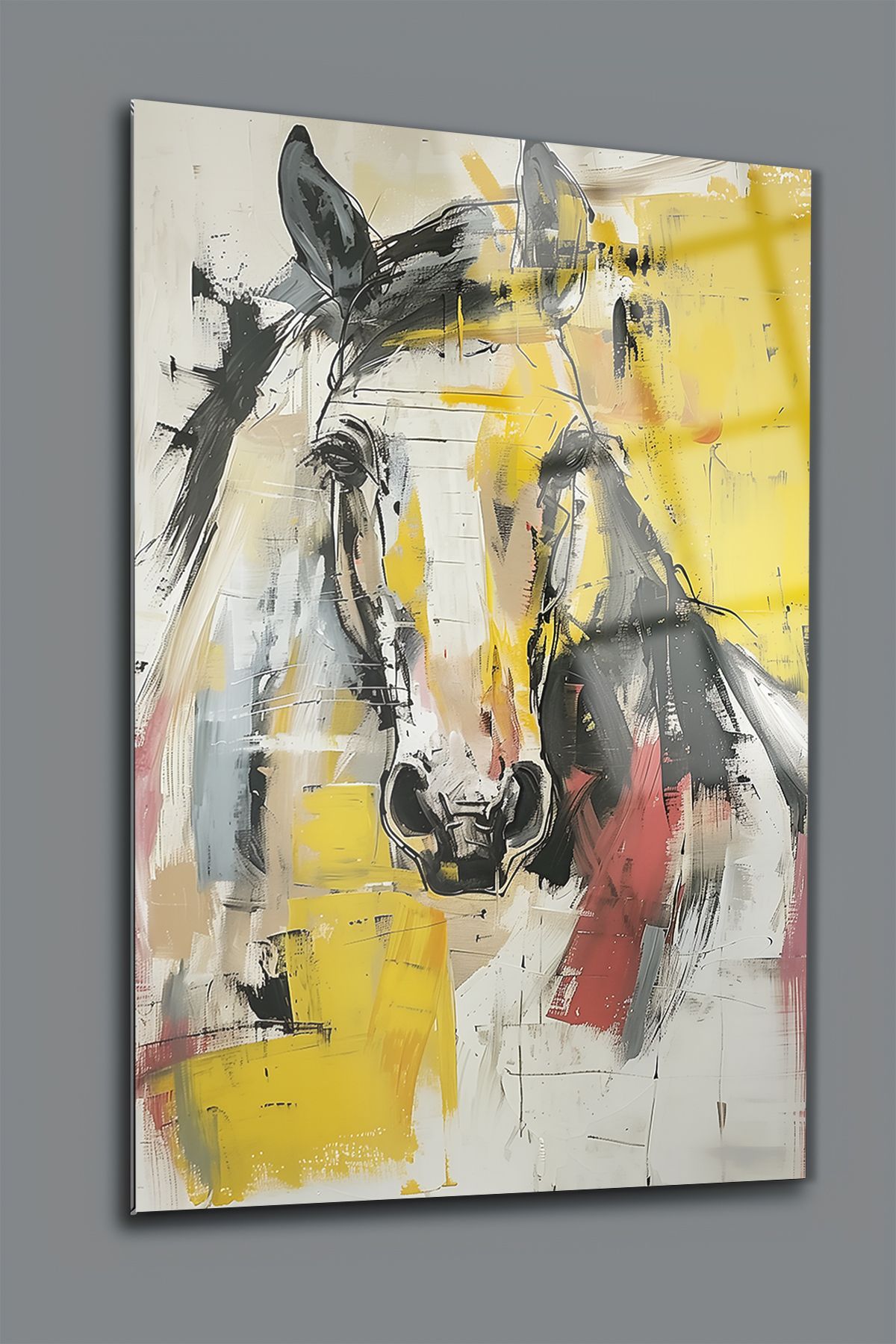 glassartdesign Beyaz At ve Altın Desenler Cam Tablo - Modern Tablo - Ofis Tablosu