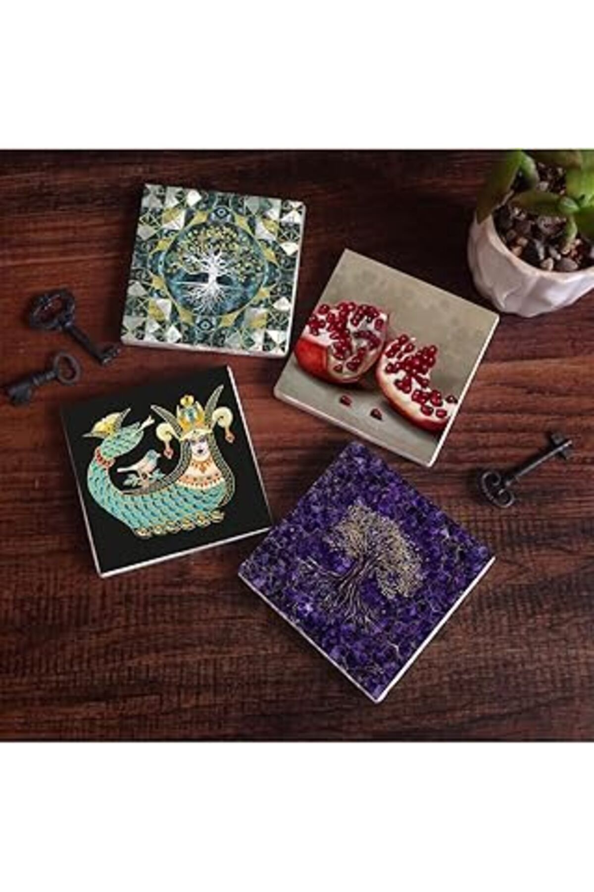 TBSProjects Pinecone Hayat Ağacı, Şahmeran, Nar Taş Bardak Altlığı Seti - 4 Parça - Dekoratif, Rustik Mutfak Ak