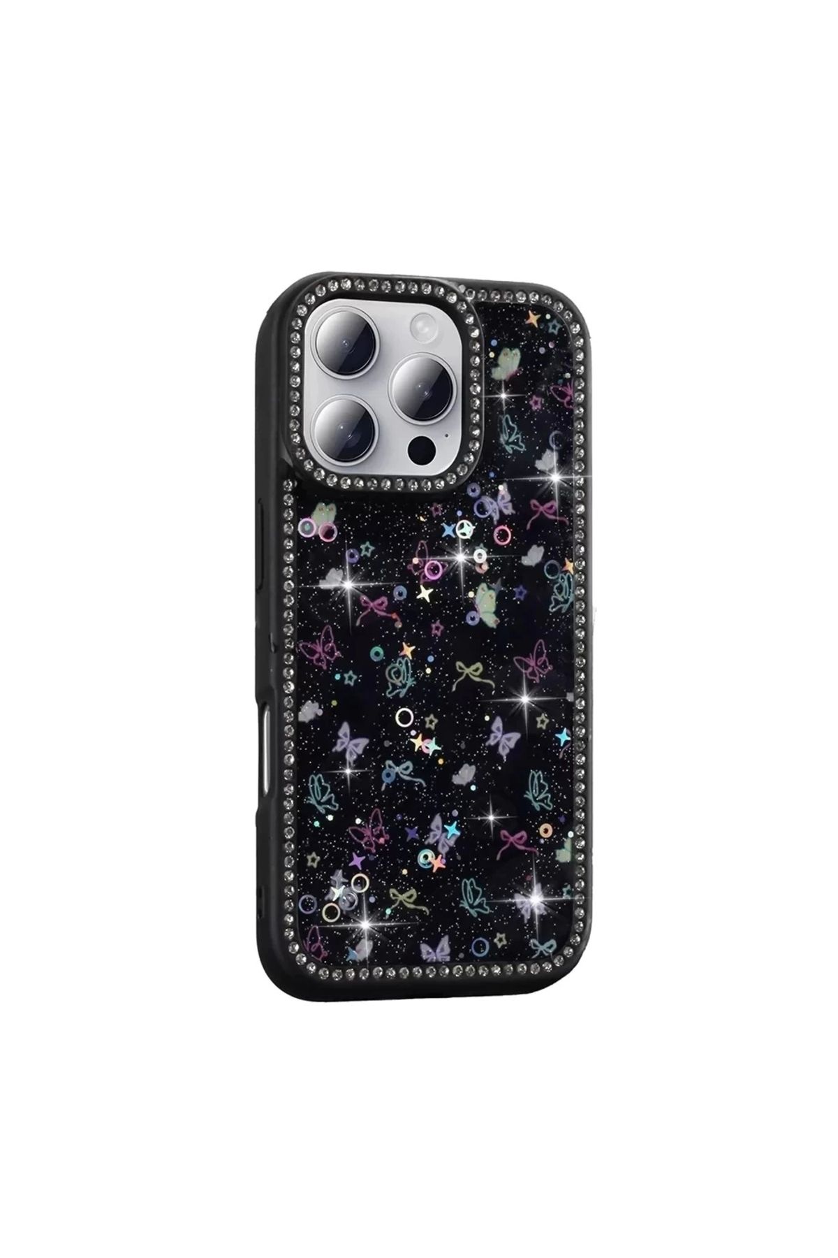 Lopard Apple İphone 16 Pro Kılıf Taşlı Simli Kenarları Silikon Parıltılı Azra Kapak Telefon Kılıfı Kamera K