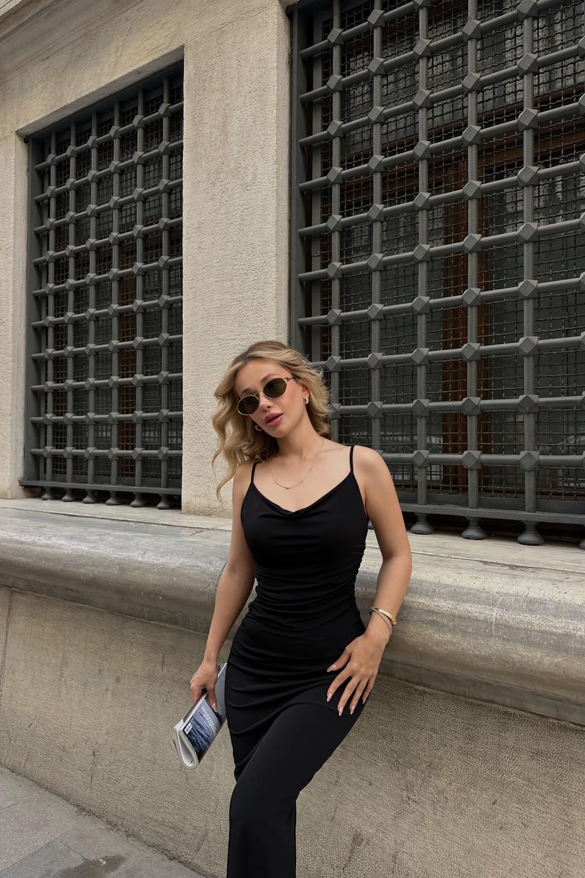 mylove Drapeli Askılı Elbise Siyah