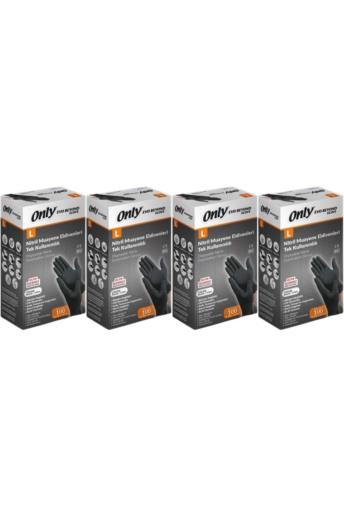 ONLY Evo Beyond Glove Nitril Siyah Pudrasız Muayene Eldiveni 400 Lü Set L - Large - Büyük (4PK*100)