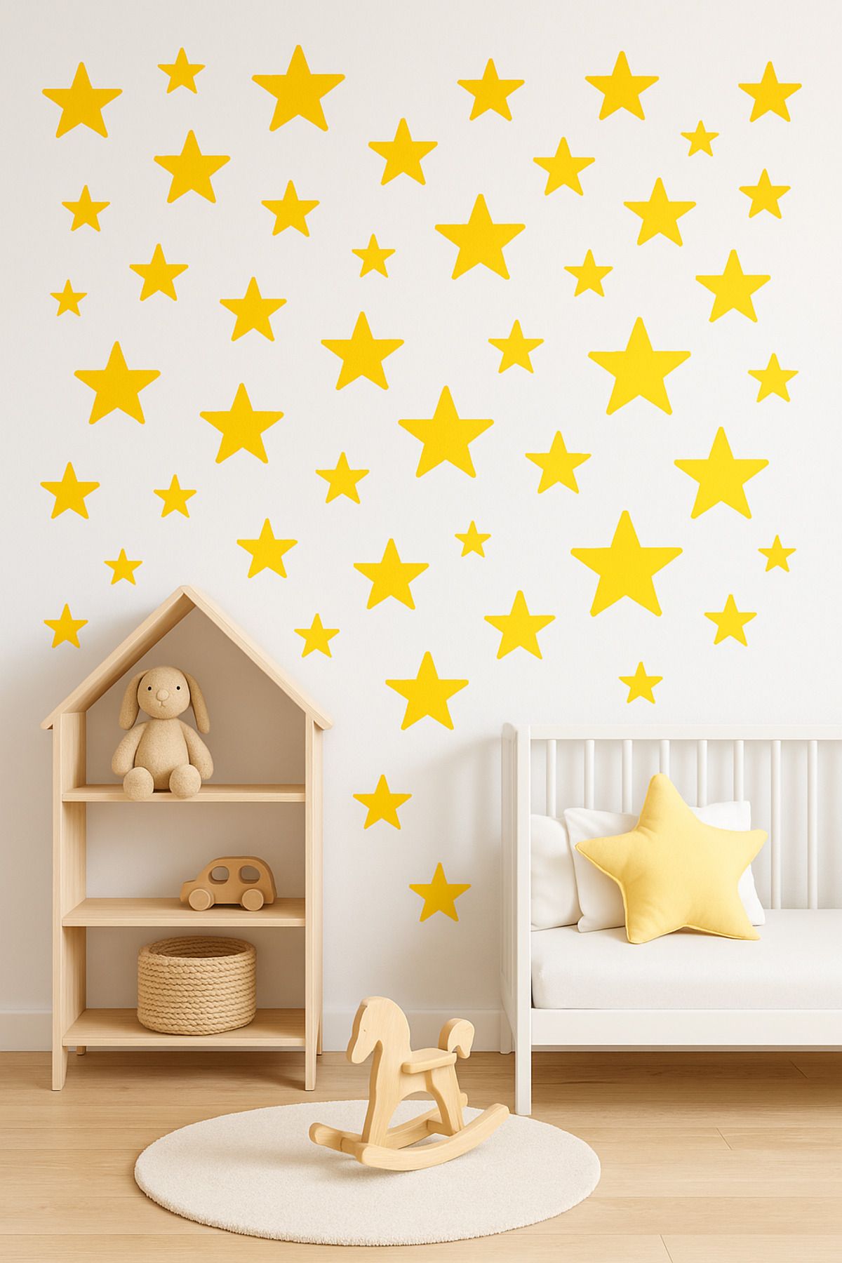 Wood14dizayn ⭐ 50'li Yıldız Duvar Sticker Seti – Çocuk Odası Süslemesi (Sarı / Antrasitgri/ Pembe)