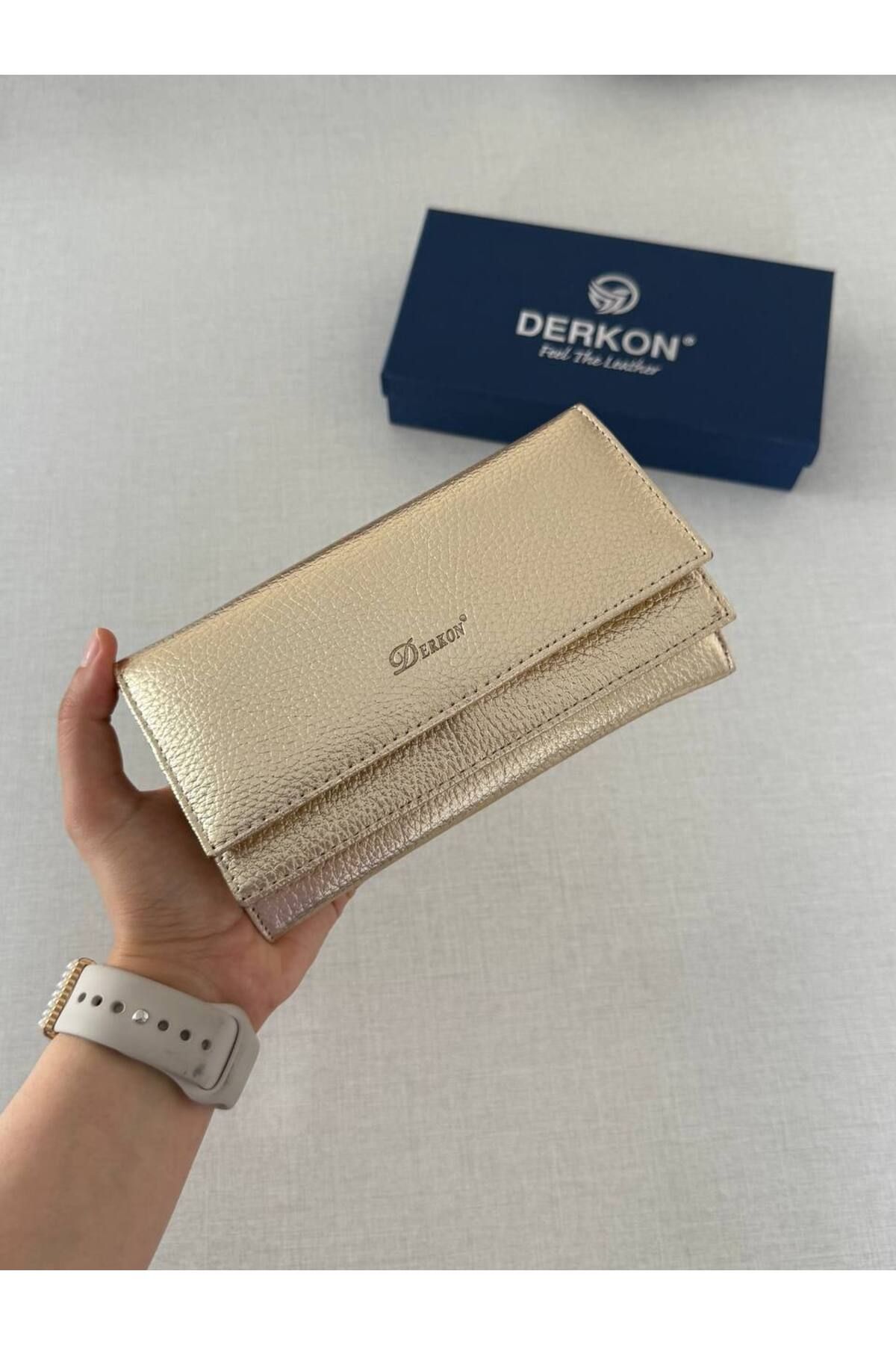 DERKON Çift Kapaklı %100 Hakiki Deri Kadın Cüzdanı Gold Renk