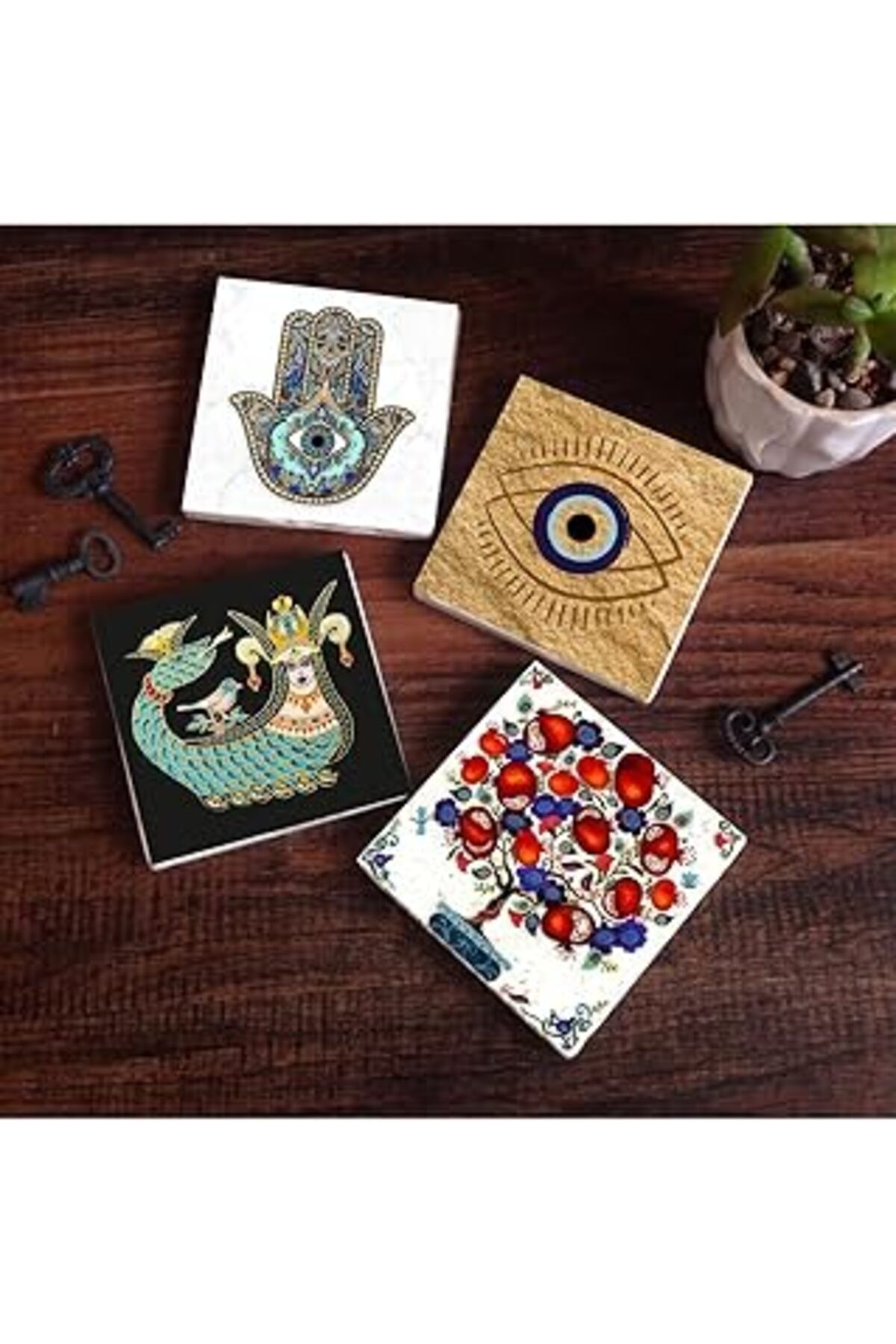 TBSProjects Pinecone Nazar, Şahmeran, Nar Ağacı, Fatma Ana Eli (Hamsa) Taş Bardak Altlığı Seti - 4 Parça - Deko