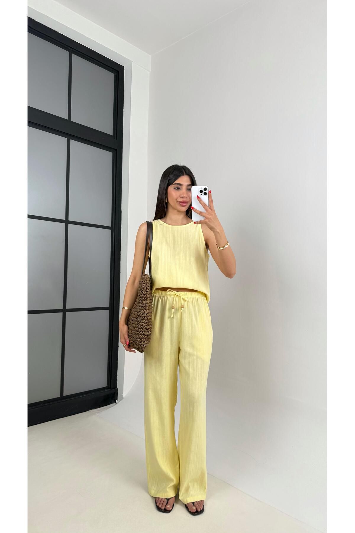 Gaus Sarı Sıfır Kol Bluz Beli Lastikli Pantolon Md Muadil Keten Takım Gaus00495