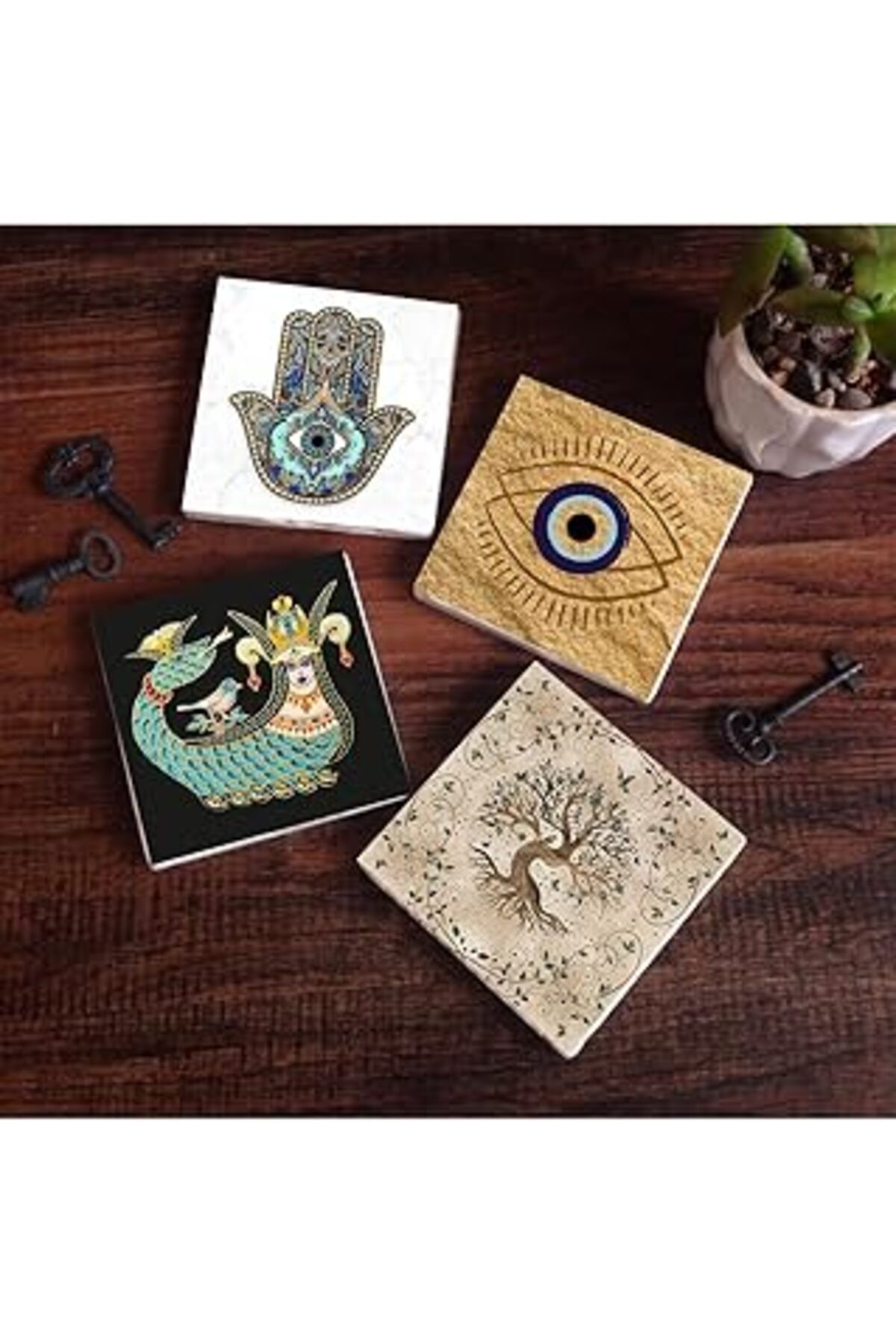 TBSProjects Pinecone Nazar, Şahmeran, Hayat Ağacı, Fatma Ana Eli (Hamsa) Taş Bardak Altlığı Seti - 4 Parça - De