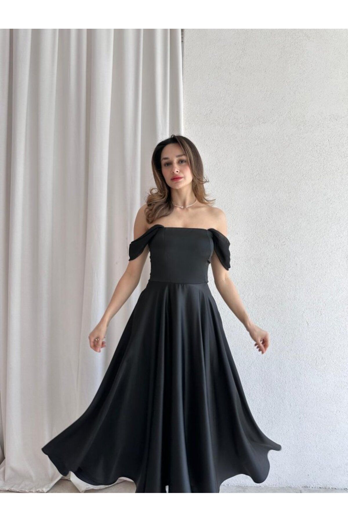 popibutik Kadın Ayarlanabilir Tül Kol Detaylı Midi Elbise
