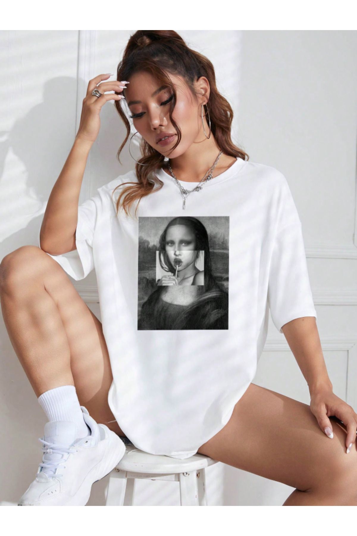 COHERENT Unisex Erkek/Kadın MONALİSA Özel Baskılı Oversize Pamuklu T-Shirt