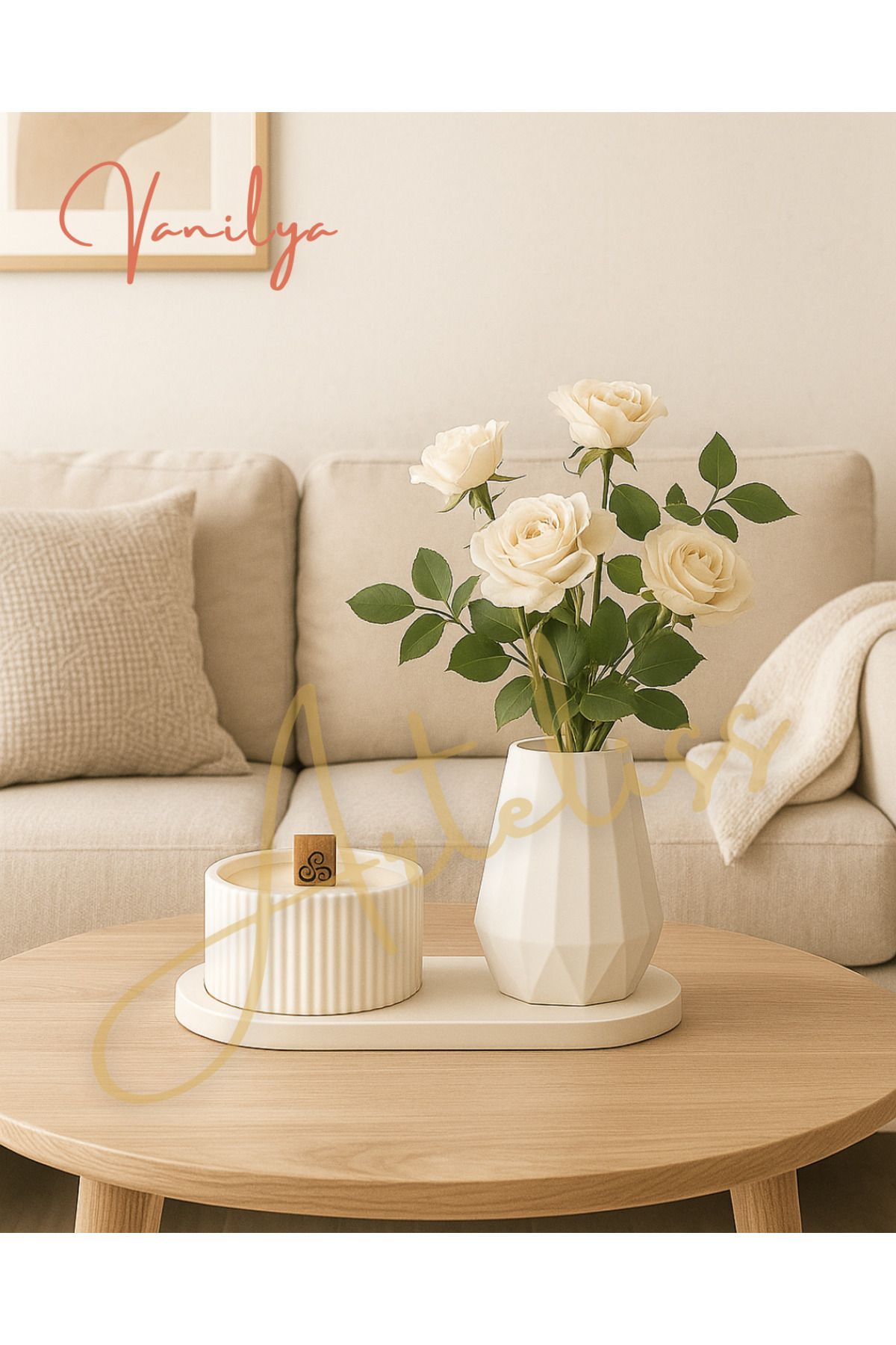 Arteliss Vanilya Kokulu Ahşap Fitilli Mum & Vazo Seti | Dekoratif Tepsili | Minimal Iskandinav Dekor