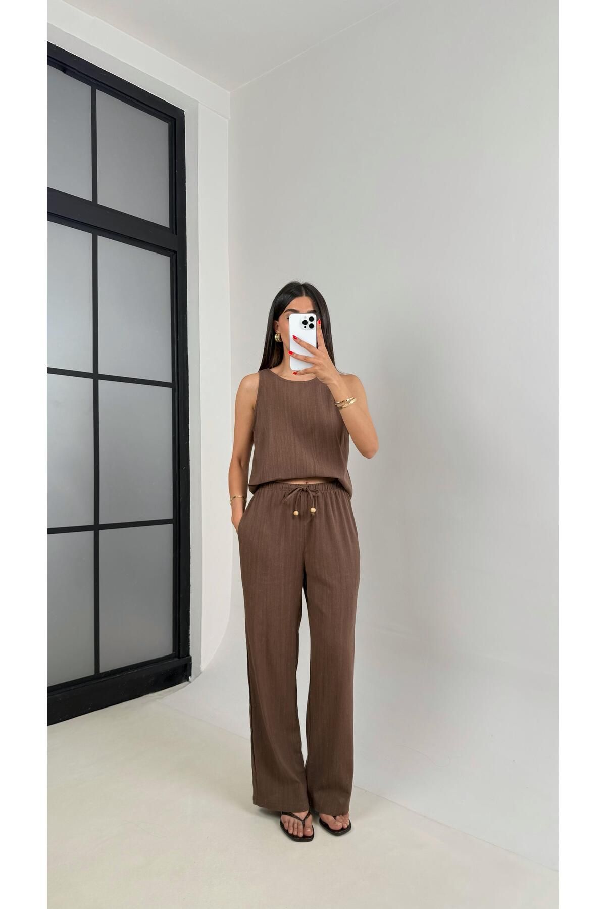 Gaus Kahve Sıfır Kol Bluz Beli Lastikli Pantolon Md Muadil Keten Takım Gaus00495