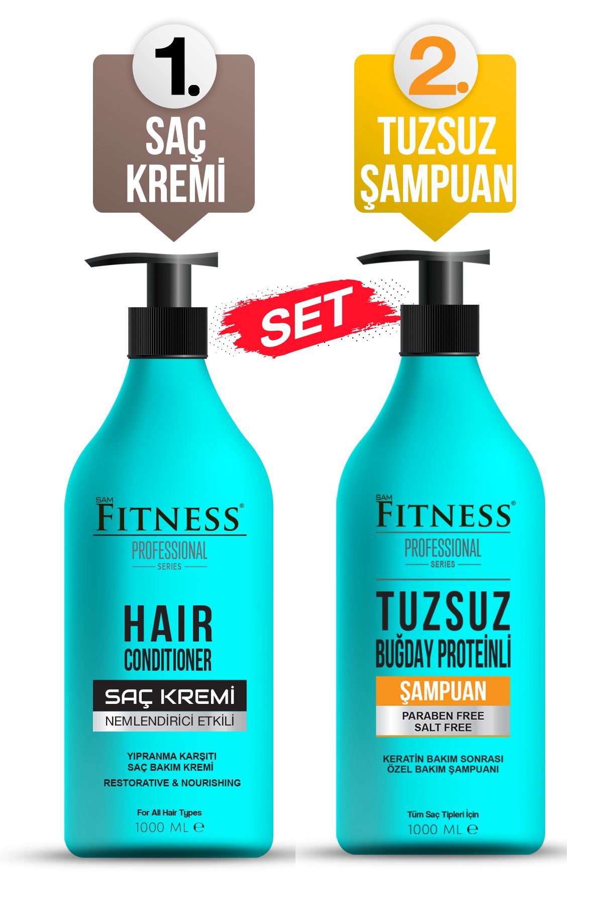 Fitness Professional Parabensiz Buğday Proteinli Tuzsuz Şampuan & Saç Kremi Yapılandırıcı Onarıcı Etkili 1000 ml SET