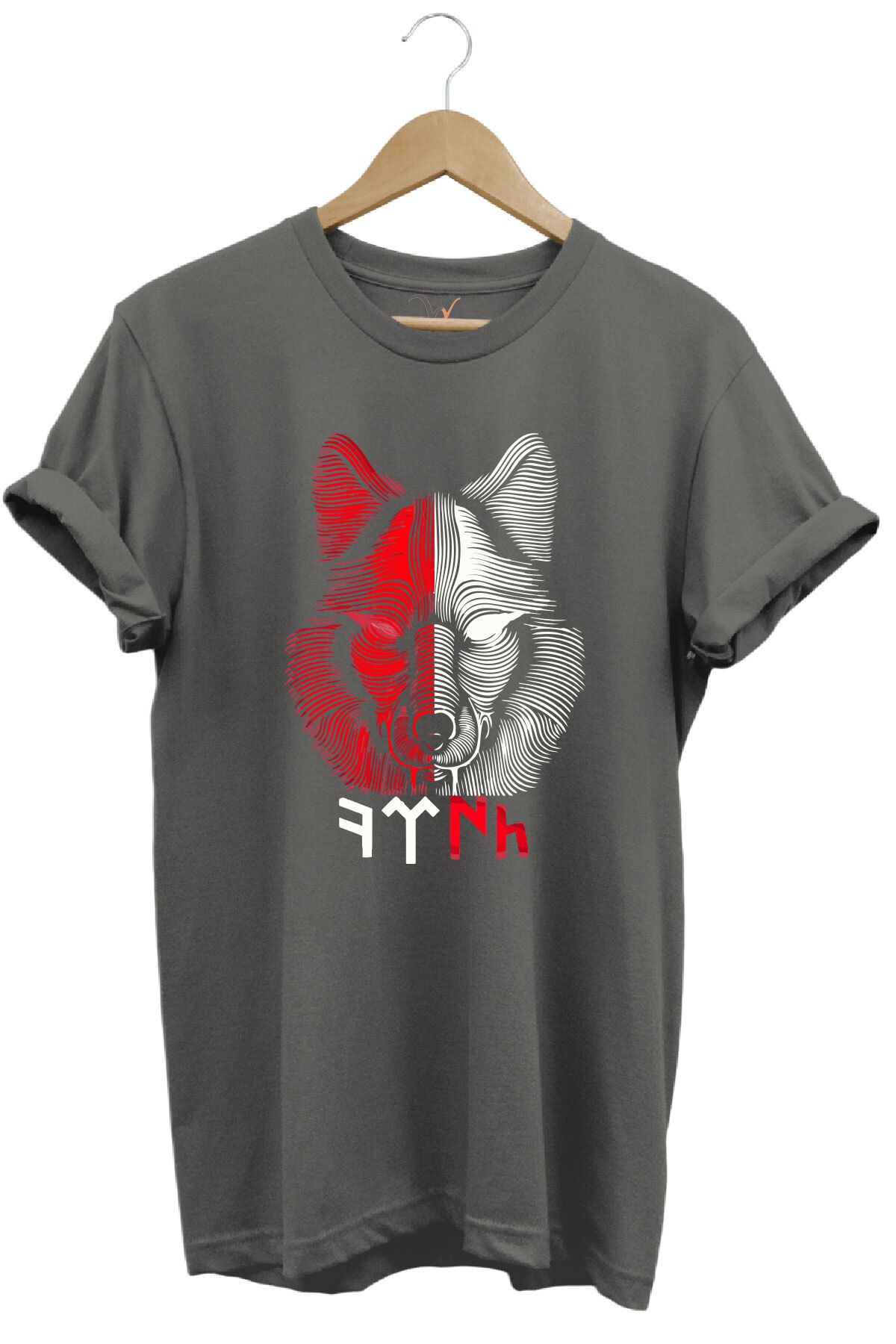 WİDİ TÜRKİYE Bozkurt Göktürkçe TÜRK Yazısı ve Kurt Baskılı Kırmızı Beyaz %100 Pamuk Regular Fit T-shirt