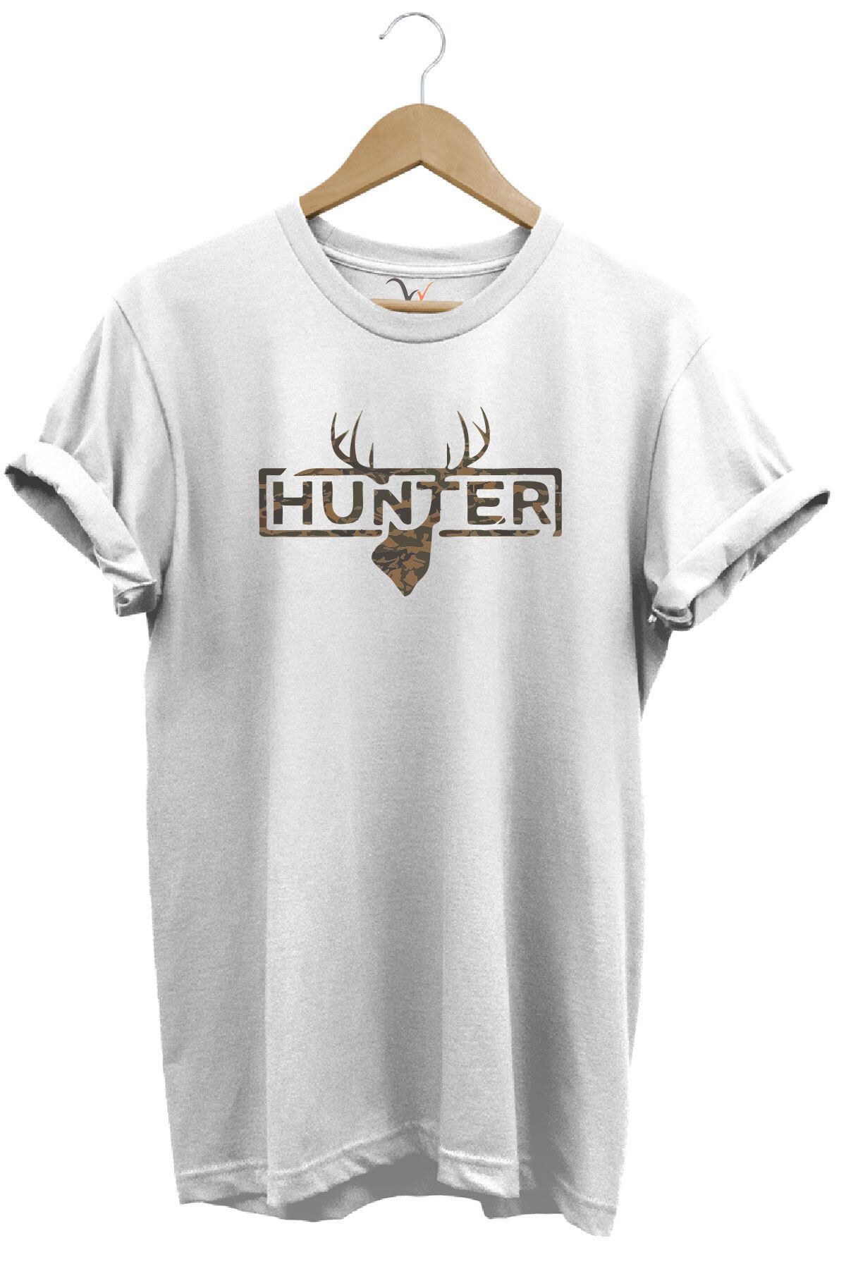 WİDİ Avcılık Kamuflaj Desenli Geyik ve Hunter Yazı Baskılı %100 Pamuk Regular Fit Bisiklet Yaka T-shirt