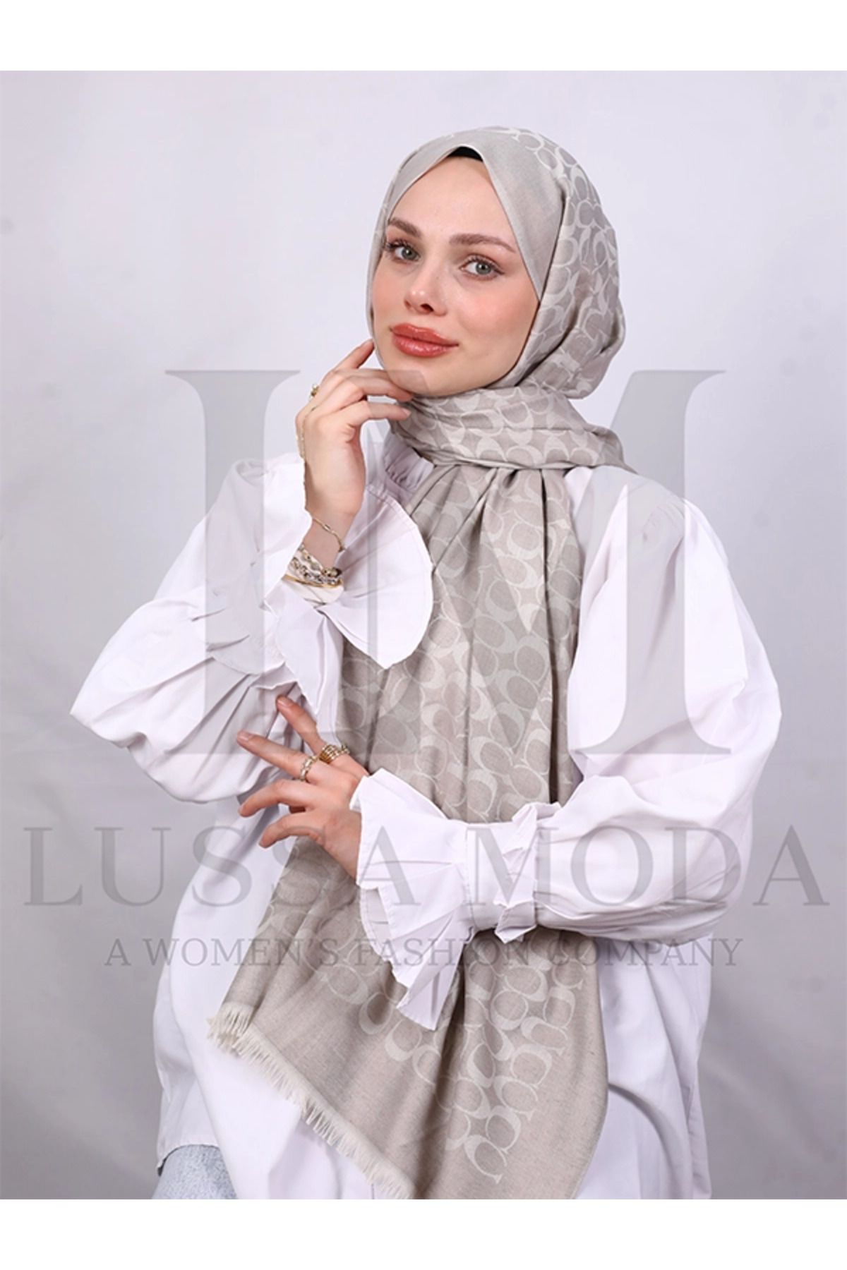 LUSSAMODA C DESENLİ ÇİFT TARAFLI PAMUK YÜN İPEK ŞAL