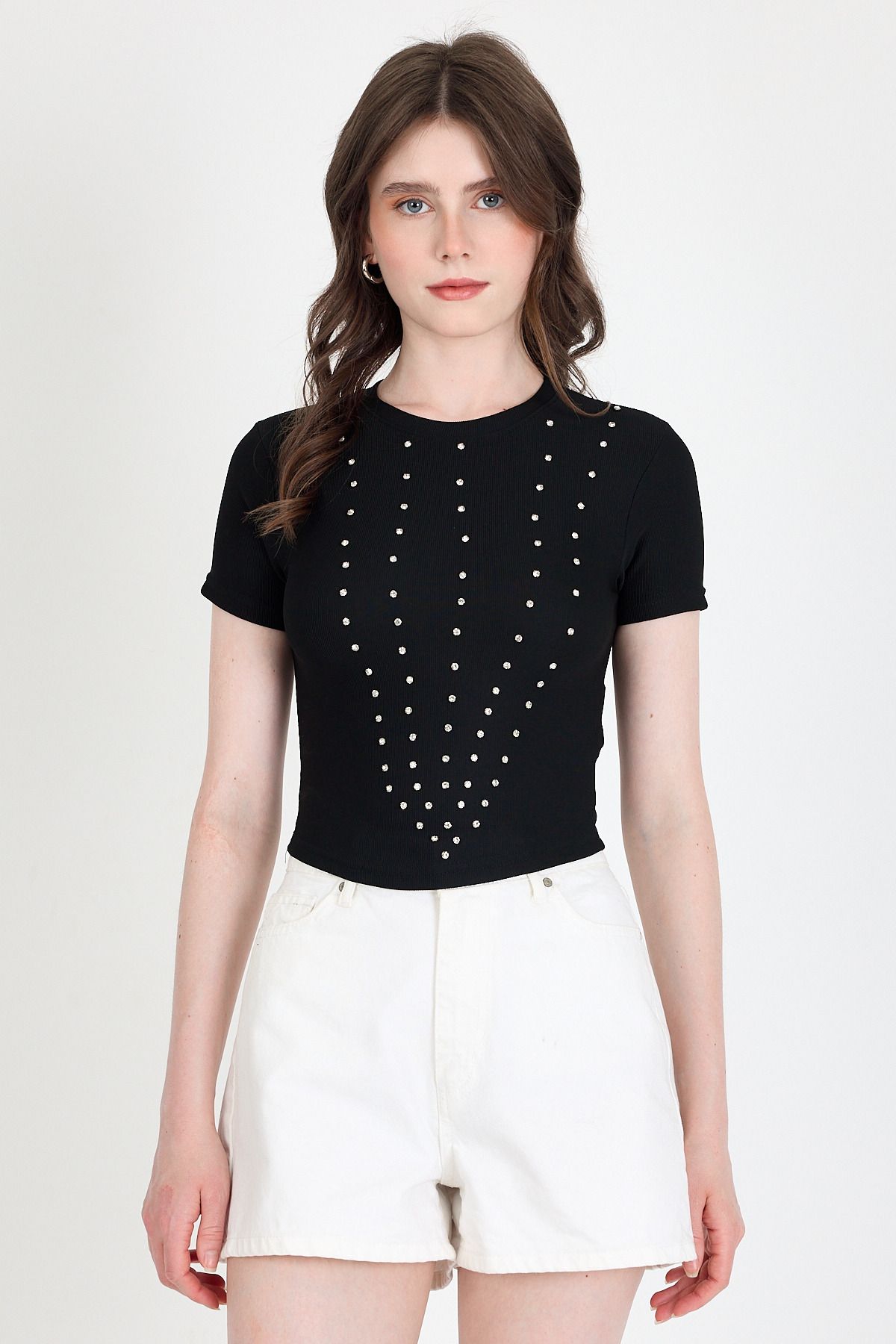 Rays Siyah Bisiklet Yaka Taş İşleme Detaylı Slim Fit Crop Tişört 1149