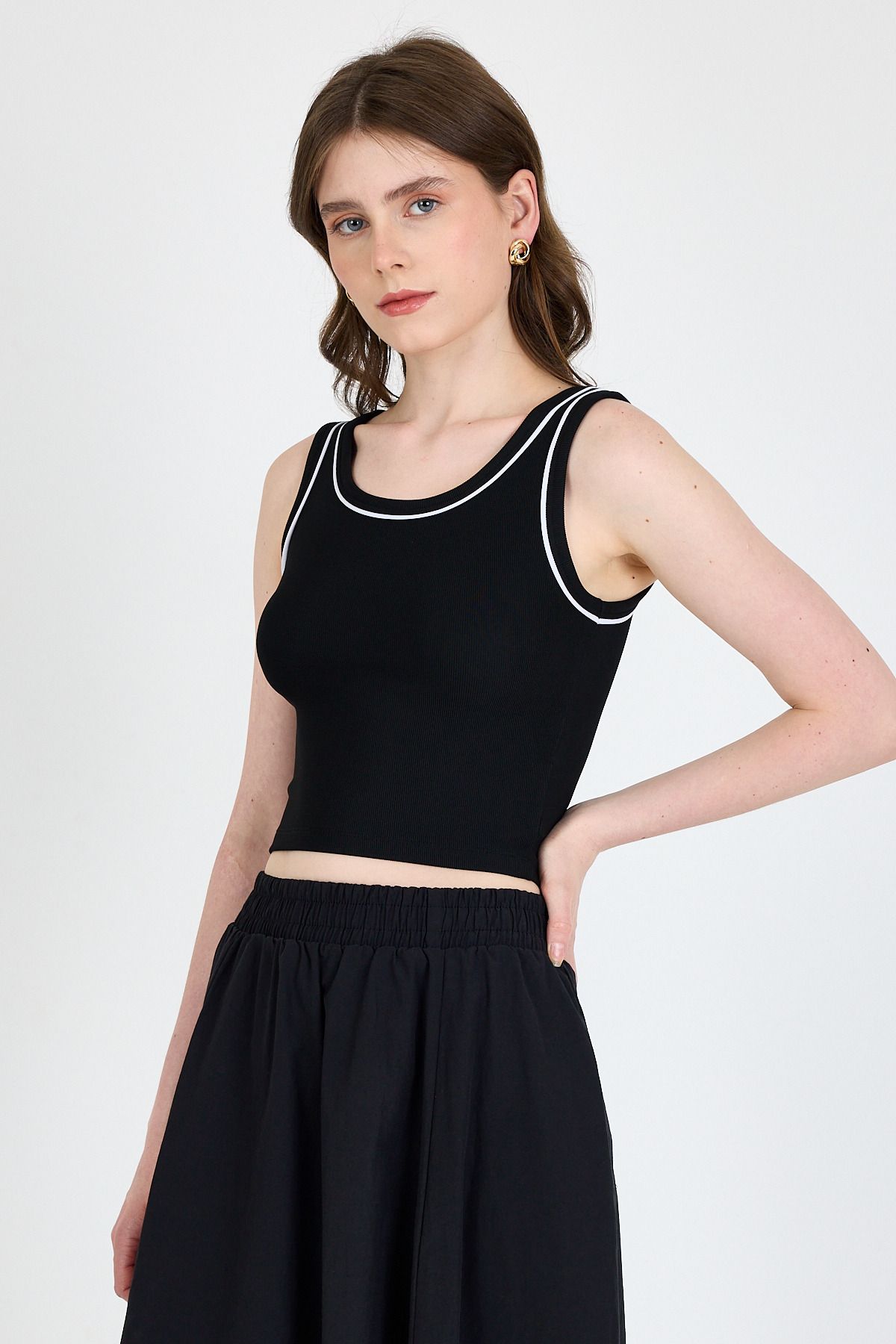 Rays Siyah Şerit Detaylı Örme Crop Atlet 1049