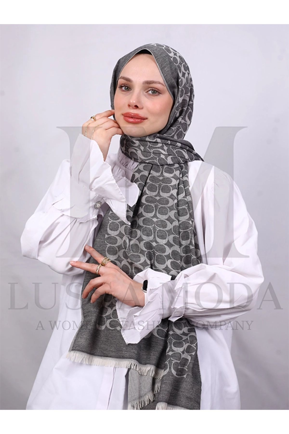 LUSSAMODA C DESENLİ ÇİFT TARAFLI PAMUK YÜN İPEK ŞAL