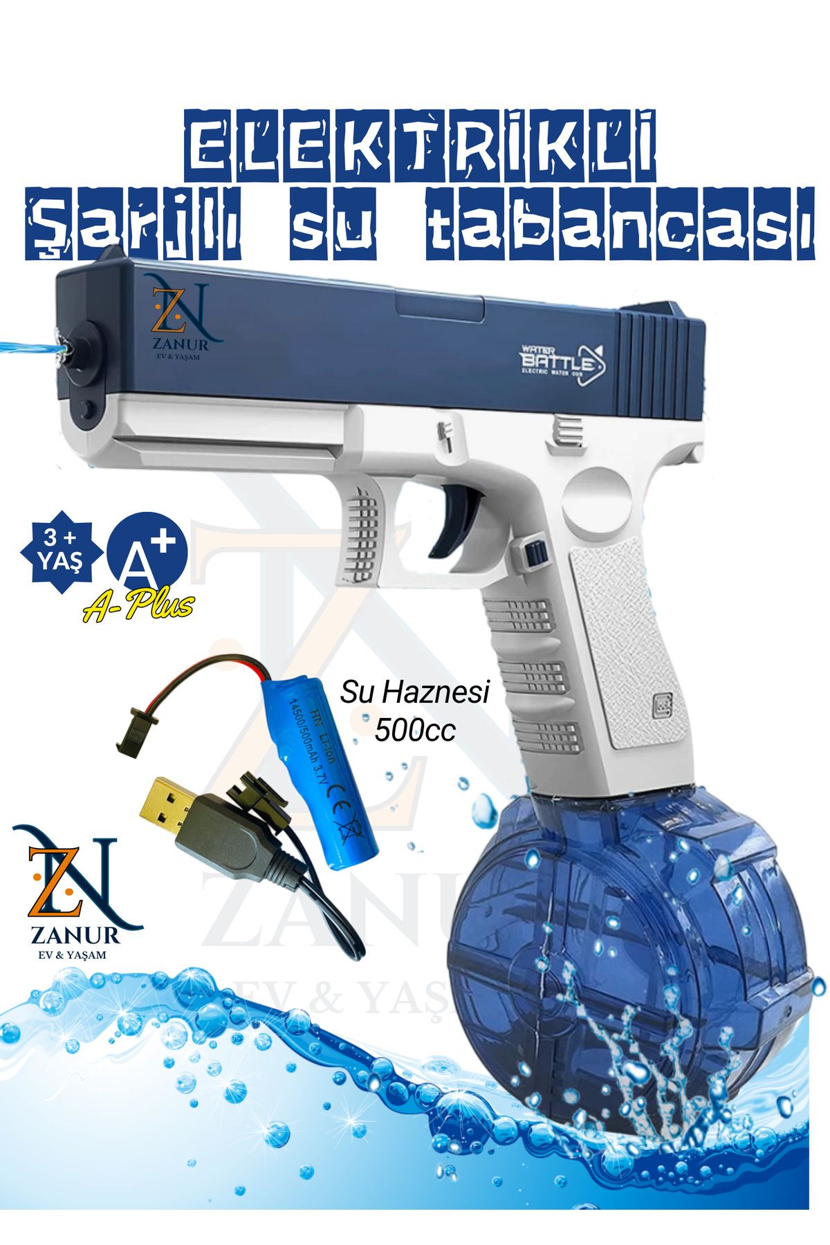 zanur Şarj Edilebilen Elektrikli Tam Otomatik Su Tabancası 20 cm uzunluk 500 Ml Hazneli 10 Metre Menzilli