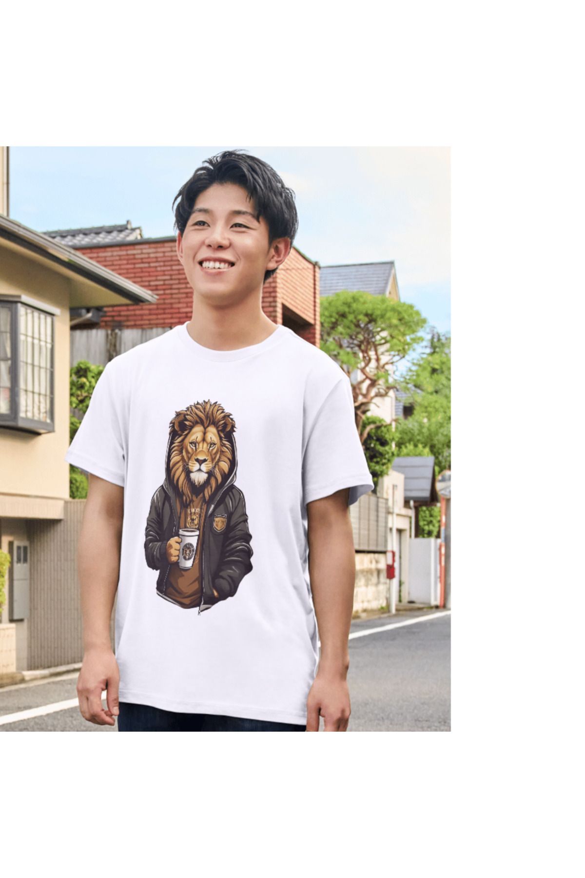 ALPŞAN TİCARET Aslan Baskılı Çocuk Yetişkin Beyaz T-shirt Lion Unisex Çocuk Tişört