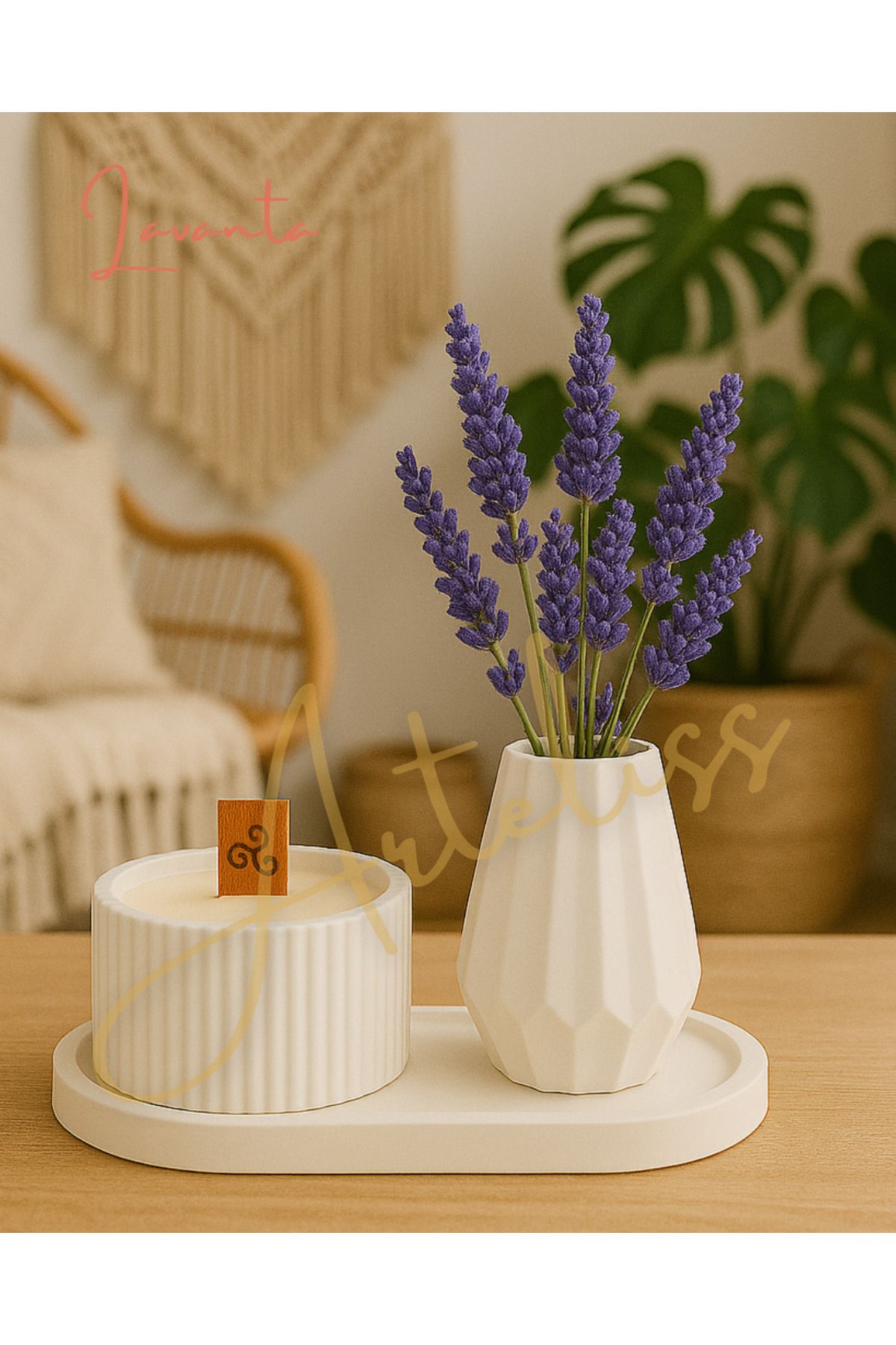 Arteliss Lavanta Kokulu Ahşap Fitilli Mum & Vazo Seti | Dekoratif Tepsili | Minimal İskandinav Dekor