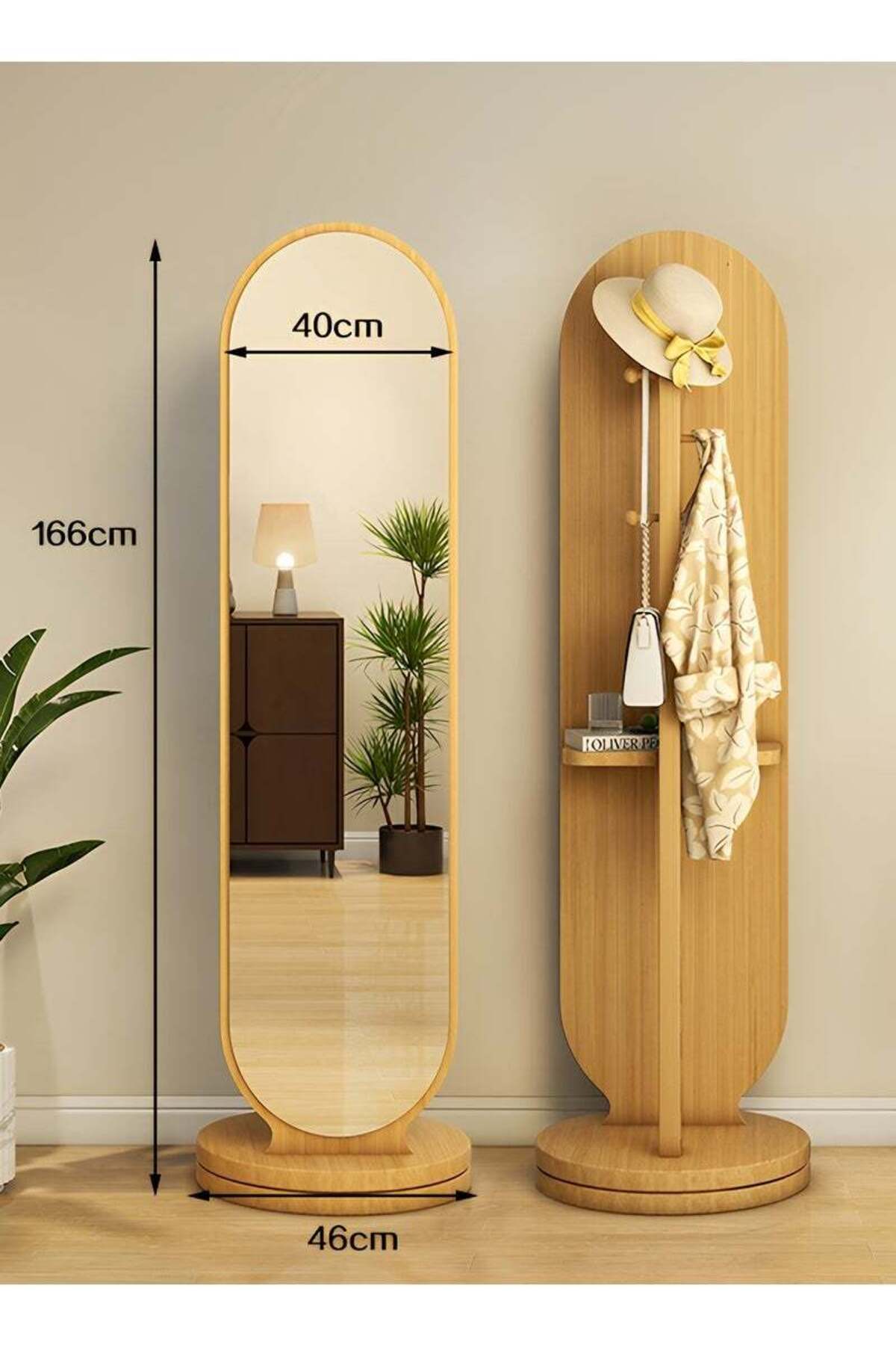 Taimi-360 Degree Rotating Mirror with Clothes Hanger and Storage Shelf for Bedroom Wood Color 166x46cm 6