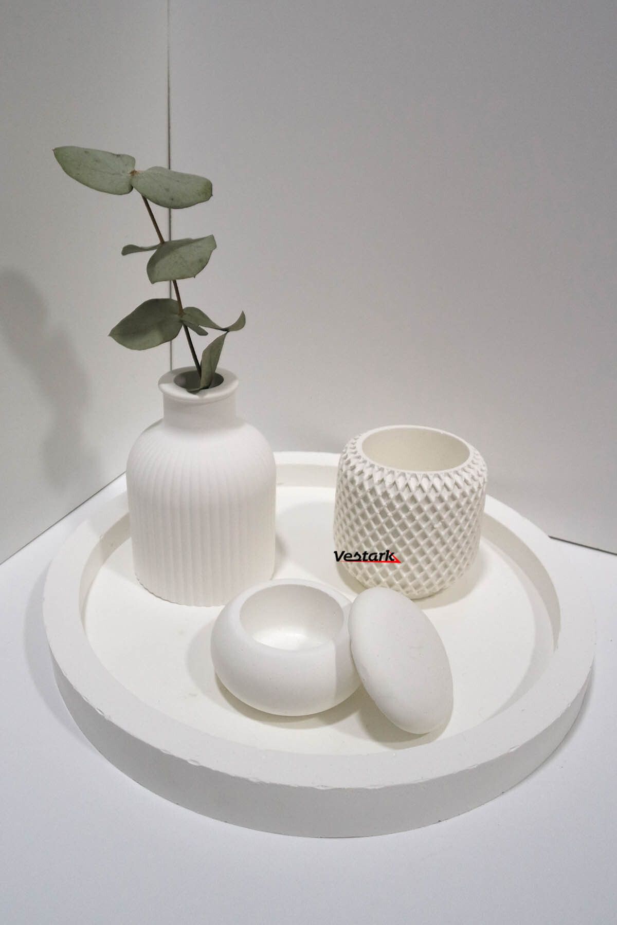 Vestark Modern Minimalist Beyaz Set: Çizgili Vazo, Geometrik Organizer, Küre Kutu, Tepsi