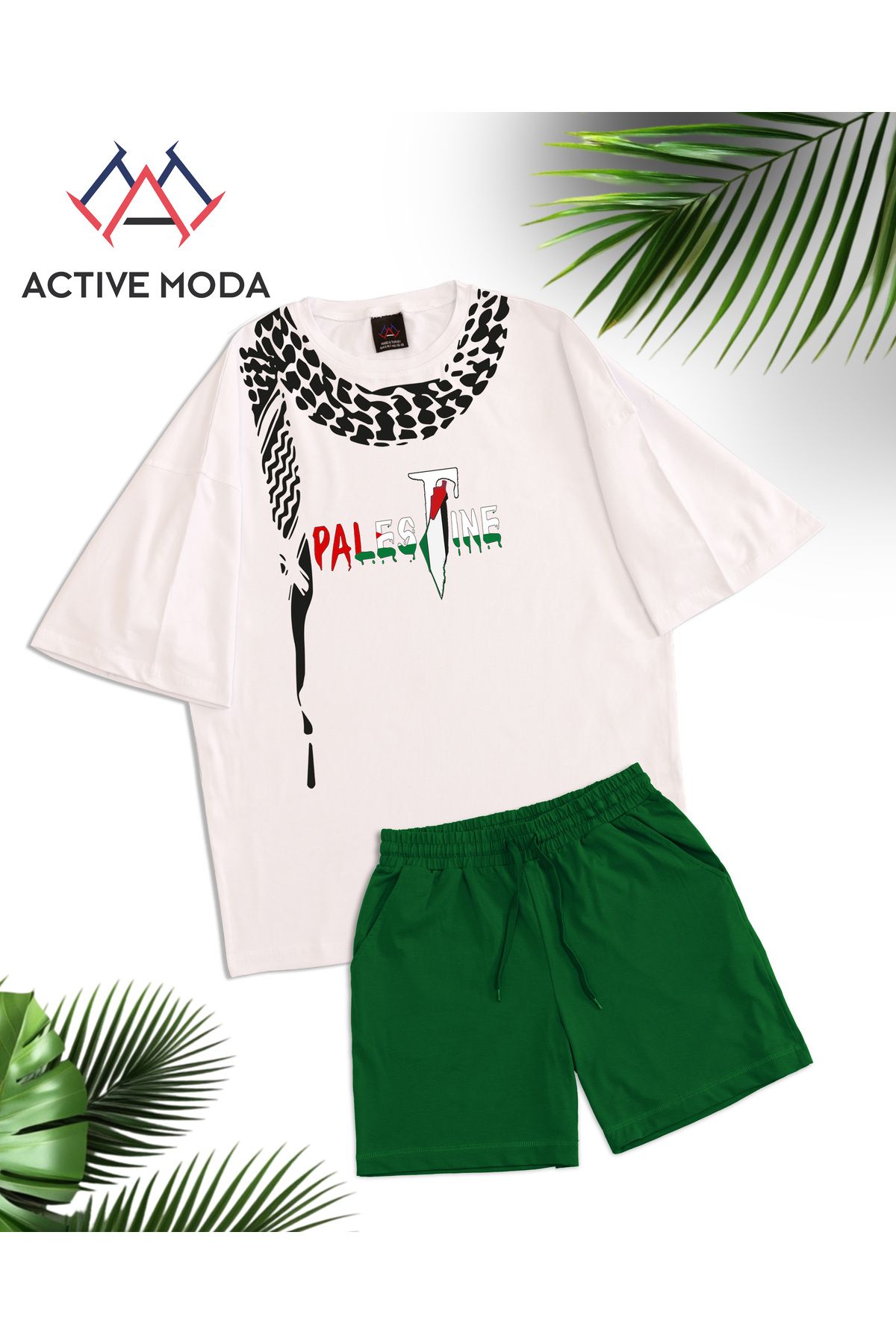 JANSO GROUP -ERKEK PAMUKLU BASKILI Palestine TSHIRT-ŞORT TAKIMI 2Lİ OVERSİZE BÜYÜK BEDEN