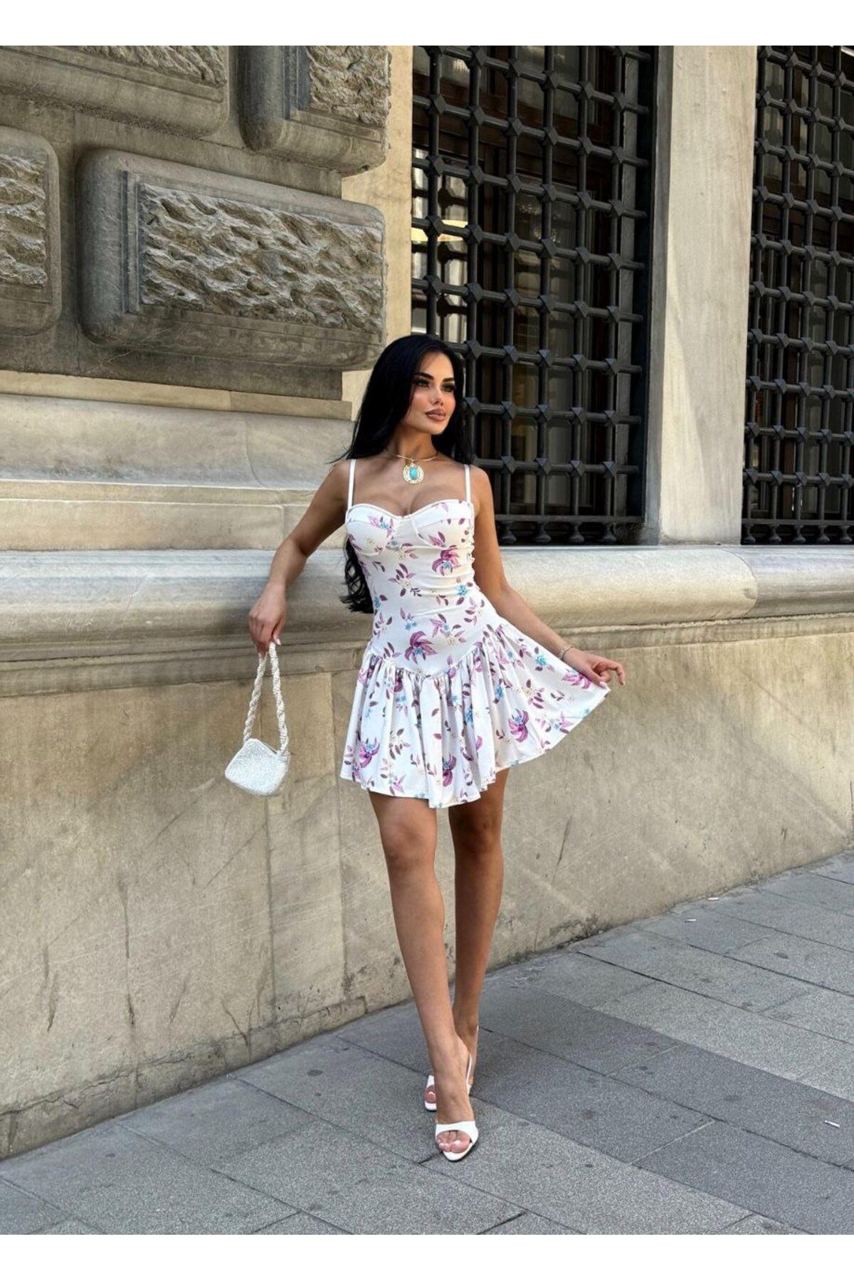 NİCE STYLE KADIN İNCE ASKILI ETEK BÜZGÜLU MİNİ ELBİSE