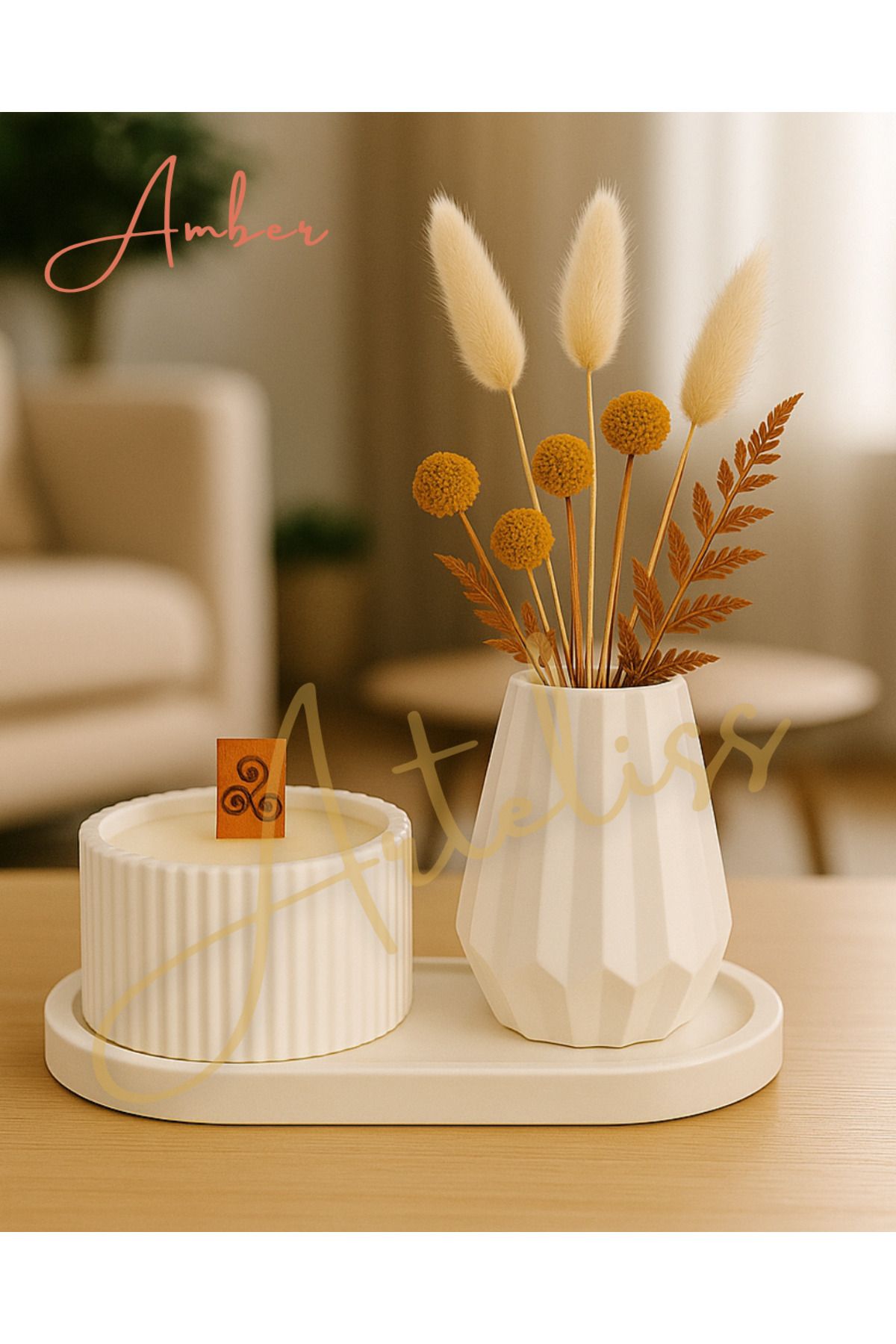 Arteliss Amber Kokulu Ahşap Fitilli Mum & Vazo Seti | Dekoratif Tepsili | Minimal İskandinav Dekor