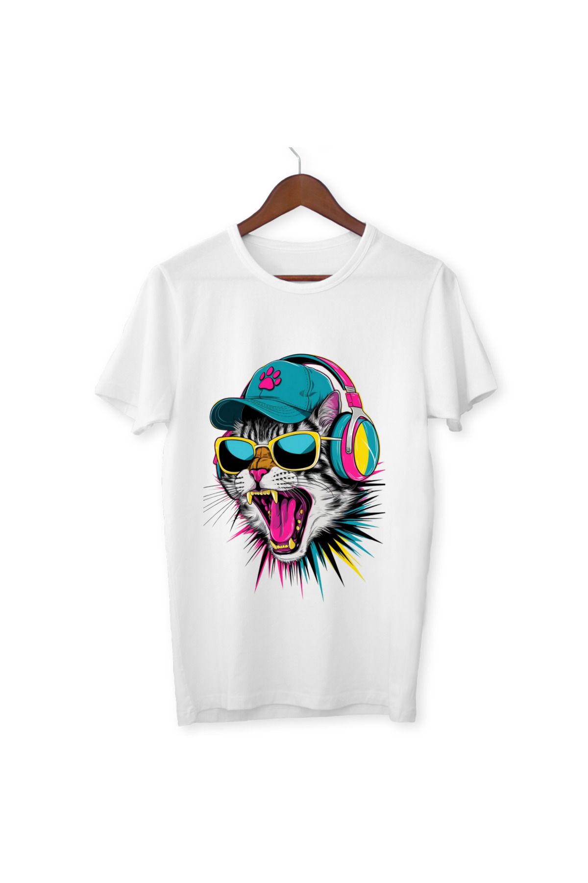 ALPŞAN TİCARET Kedi Baskılı Çocuk Yetişkin Beyaz T-shirt Cat Unisex Çocuk Tişört