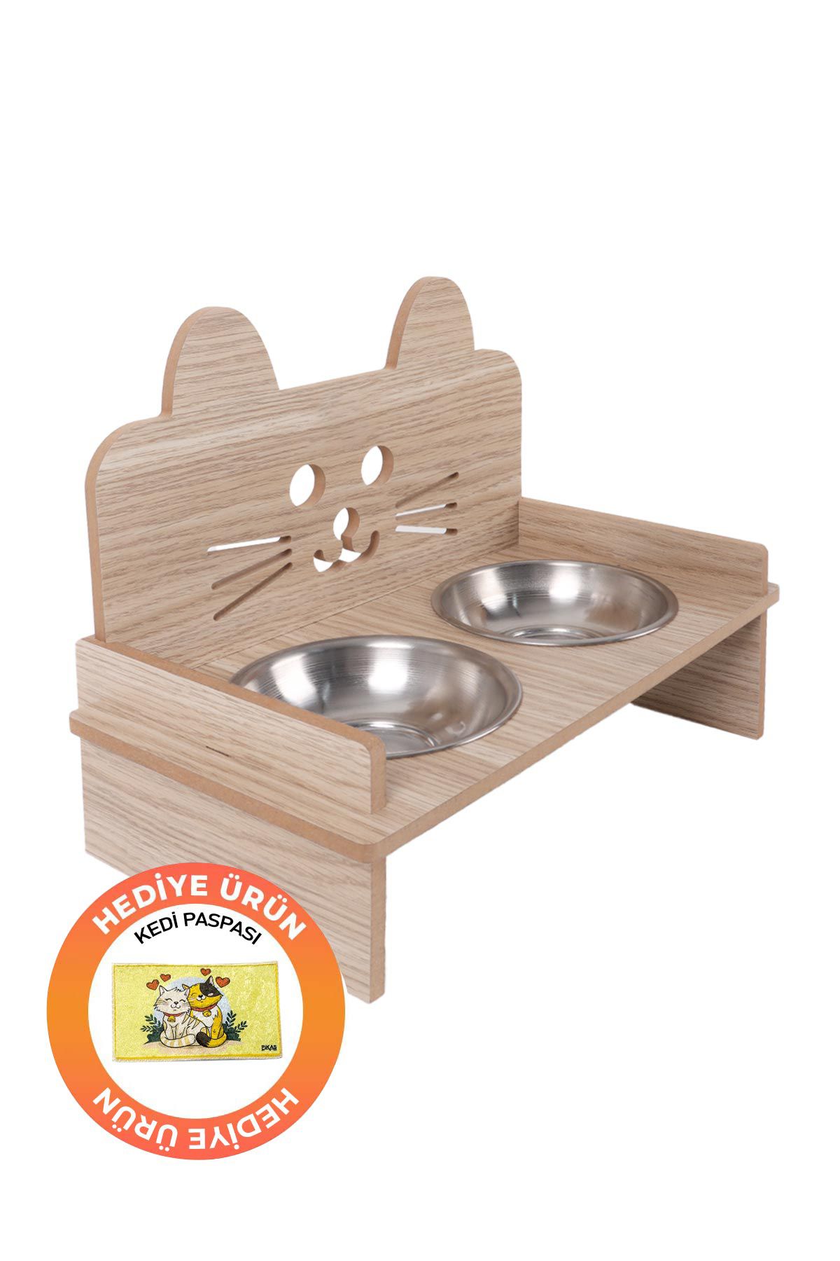 GOBYPET Ahşap Kulaklı Kedi Mama Su Kabı Standı, Kedi Mama Kabı, Kedi Paspası