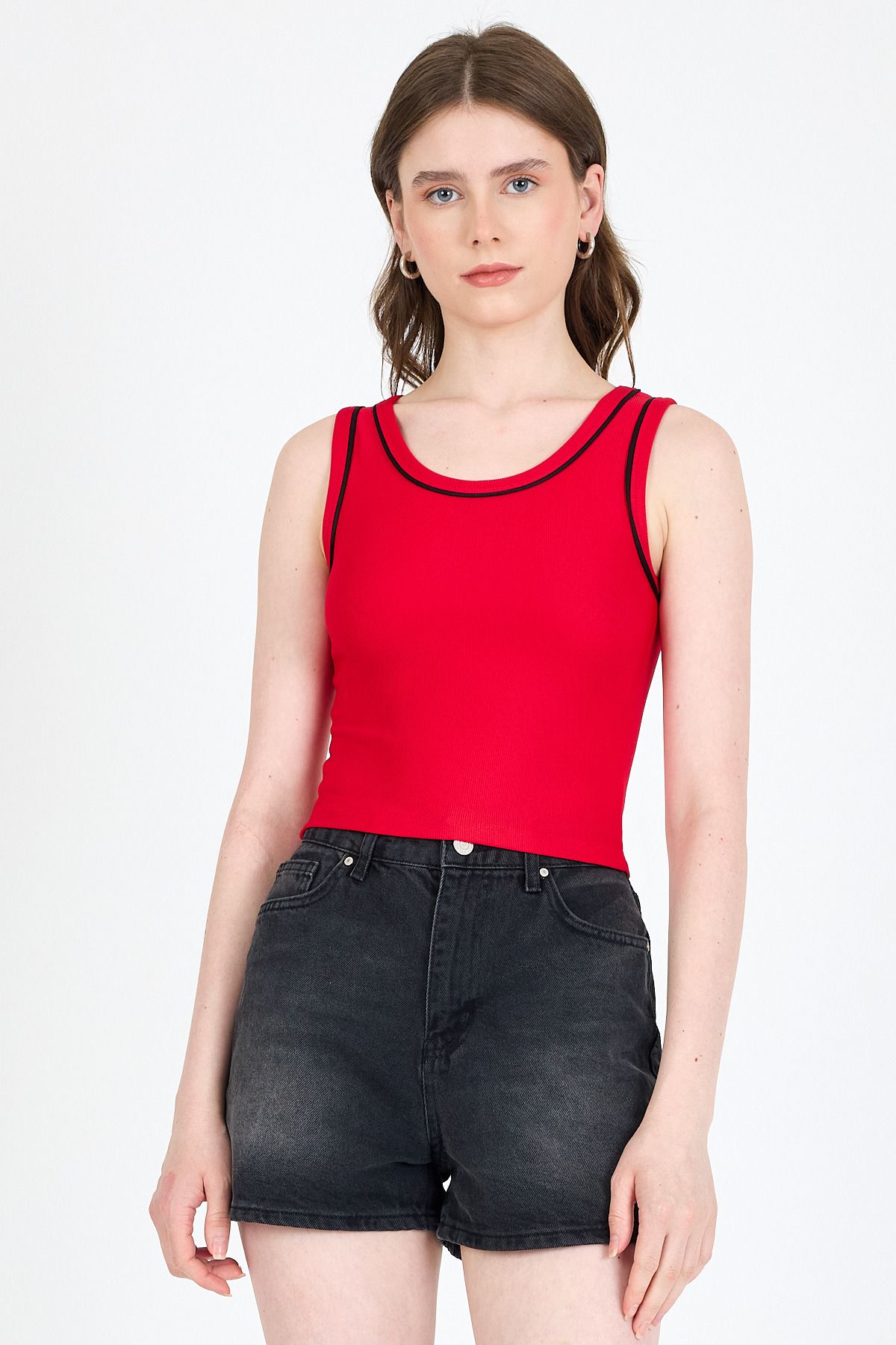 Rays Kırmızı Şerit Detaylı Örme Crop Atlet 1049