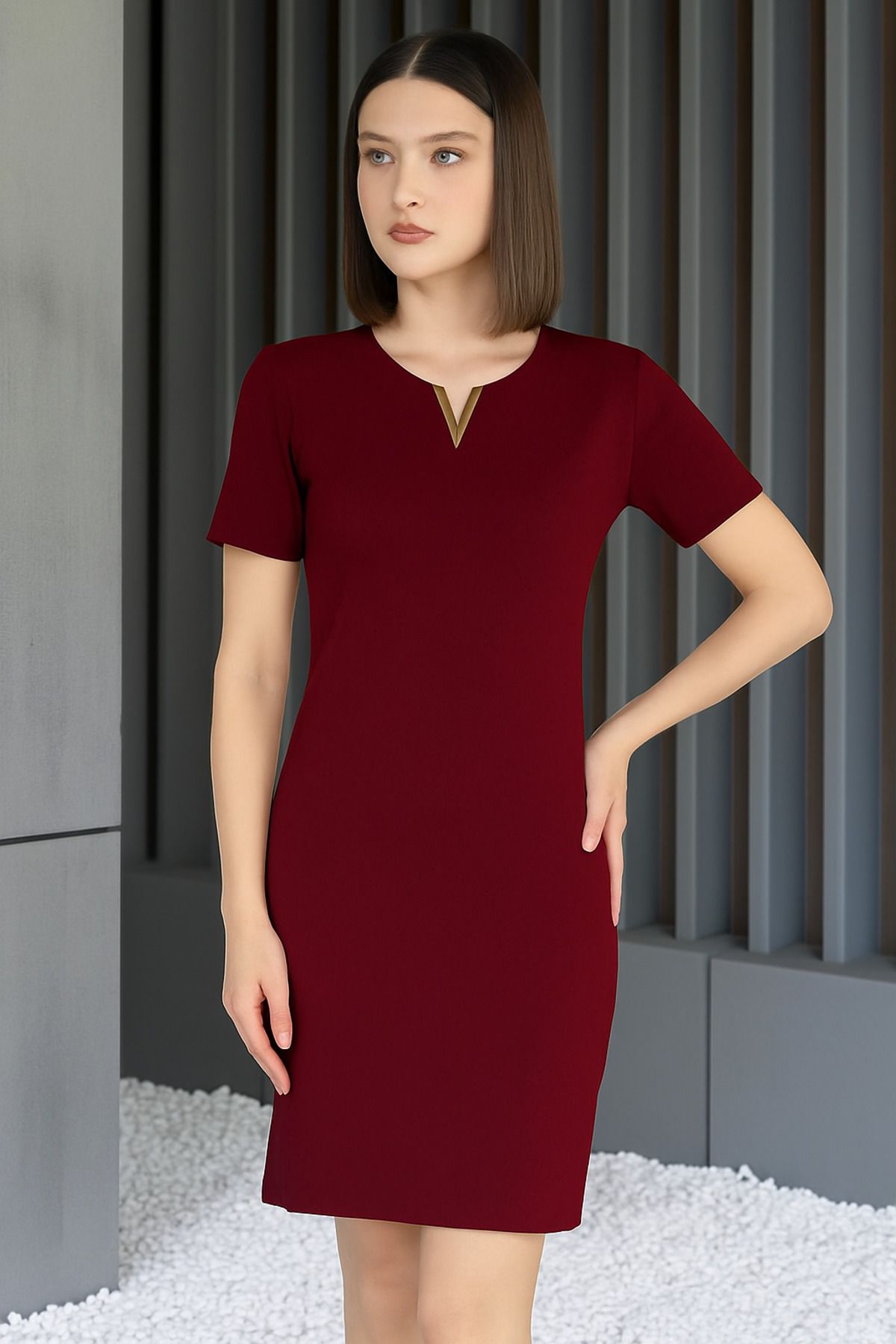 VOGUEMET Kadın V Tokalı Mini Elbise | Kısa Kollu | Düz Kesim Yazlık Model