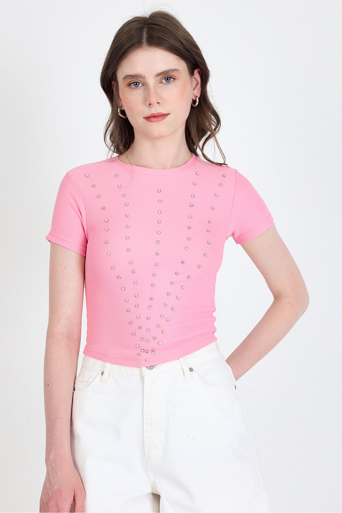 Rays Pembe Bisiklet Yaka Taş İşleme Detaylı Slim Fit Crop Tişört 1149