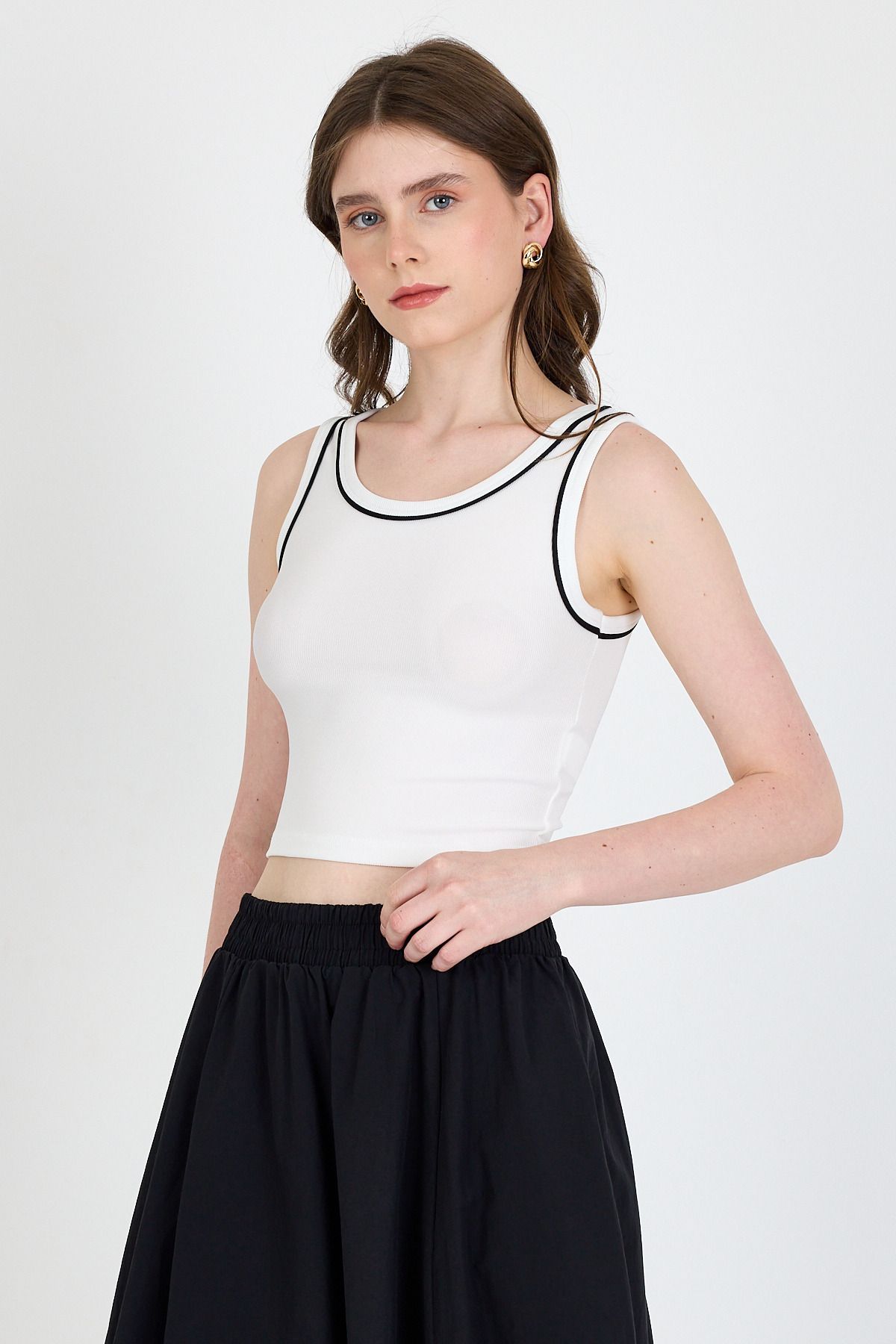 Rays Ekru Şerit Detaylı Örme Crop Atlet 1049