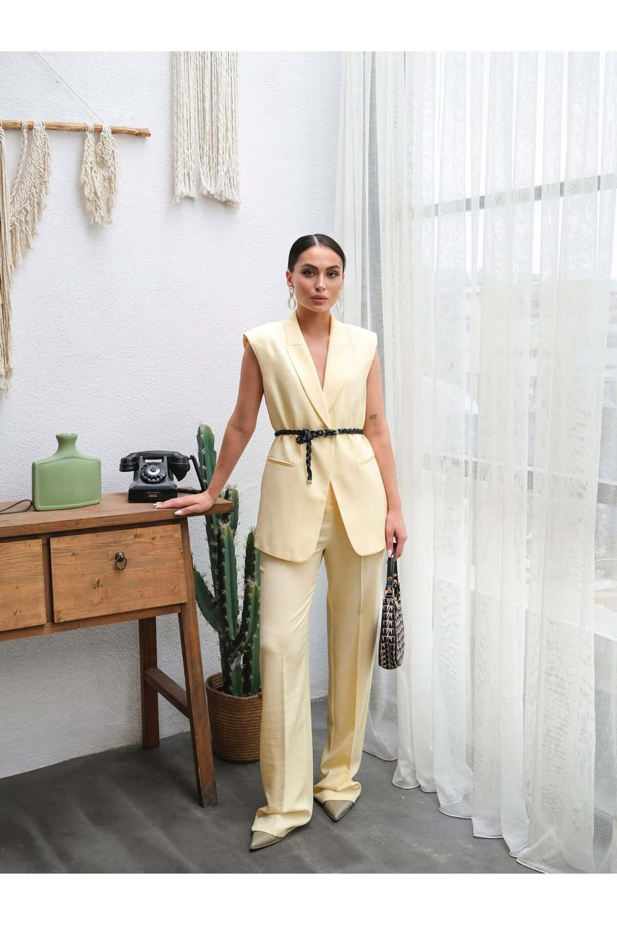 studio fashion 1988 Sarı Premium Örgü Pamuk Keten Kemerli Yelekli Takım