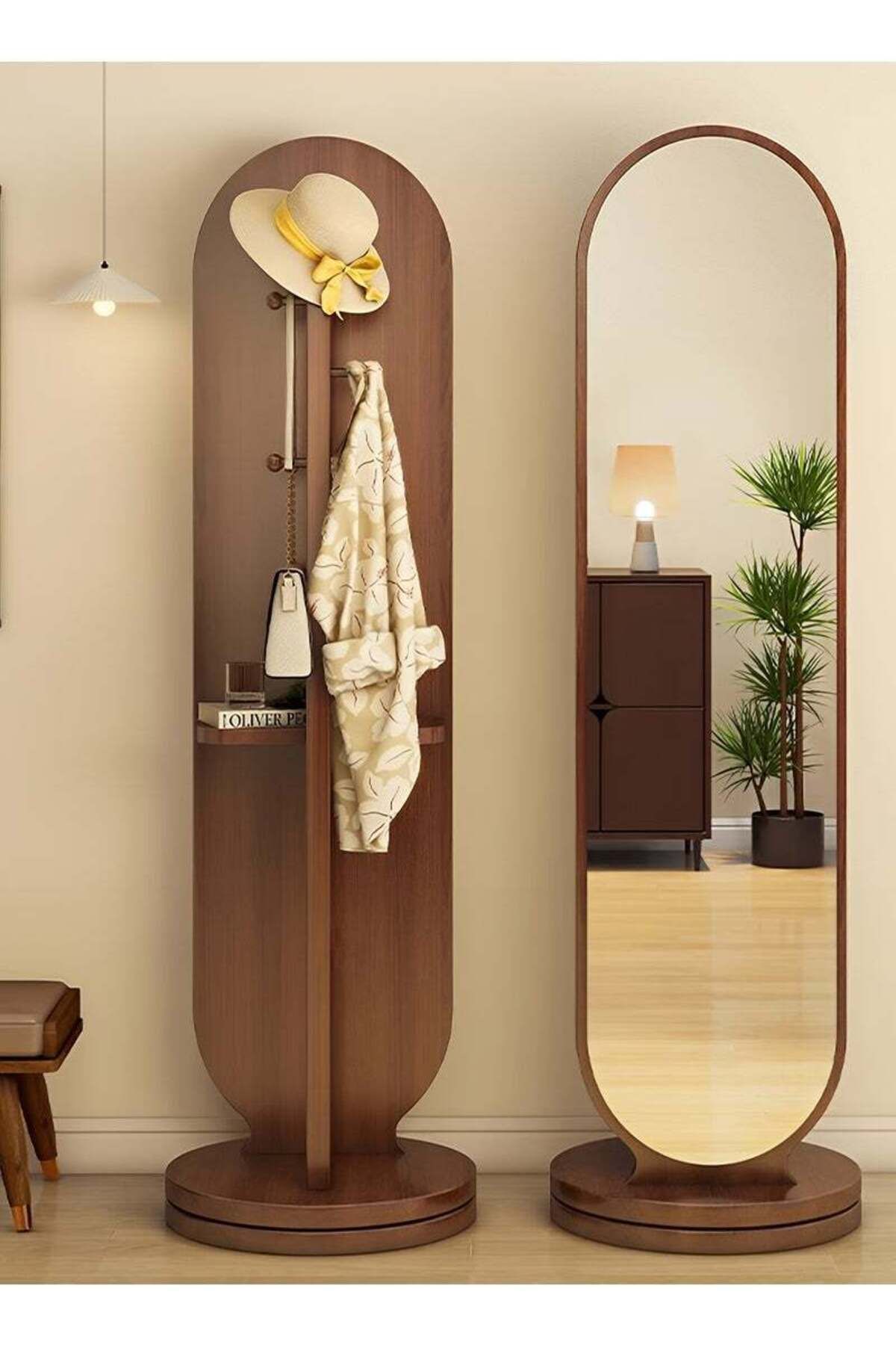 Taimi-360 Degree Rotating Mirror with Clothes Hanger and Storage Shelf for Bedroom Walnut Color 166x46cm 1