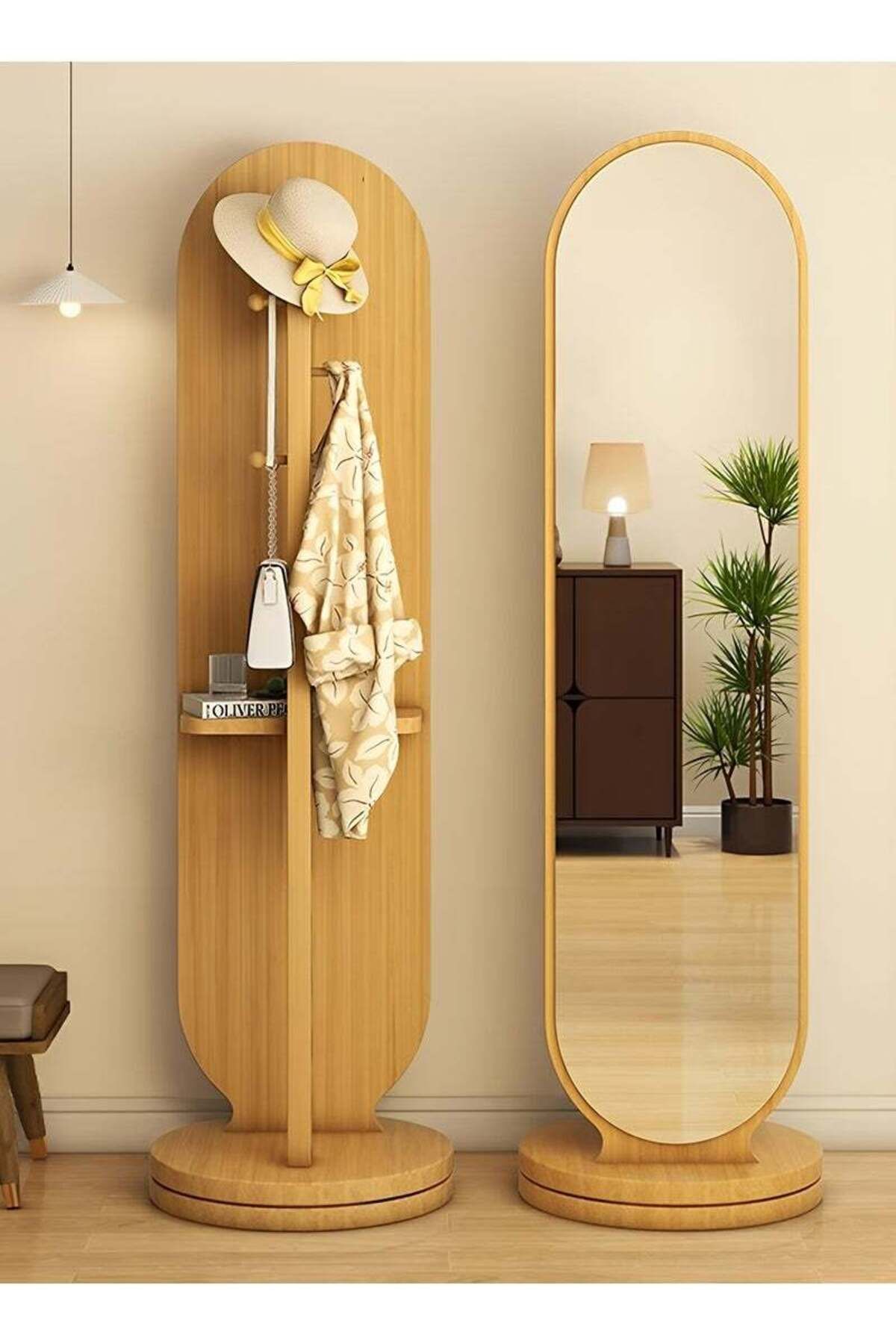 Taimi-360 Degree Rotating Mirror with Clothes Hanger and Storage Shelf for Bedroom Wood Color 166x46cm 1