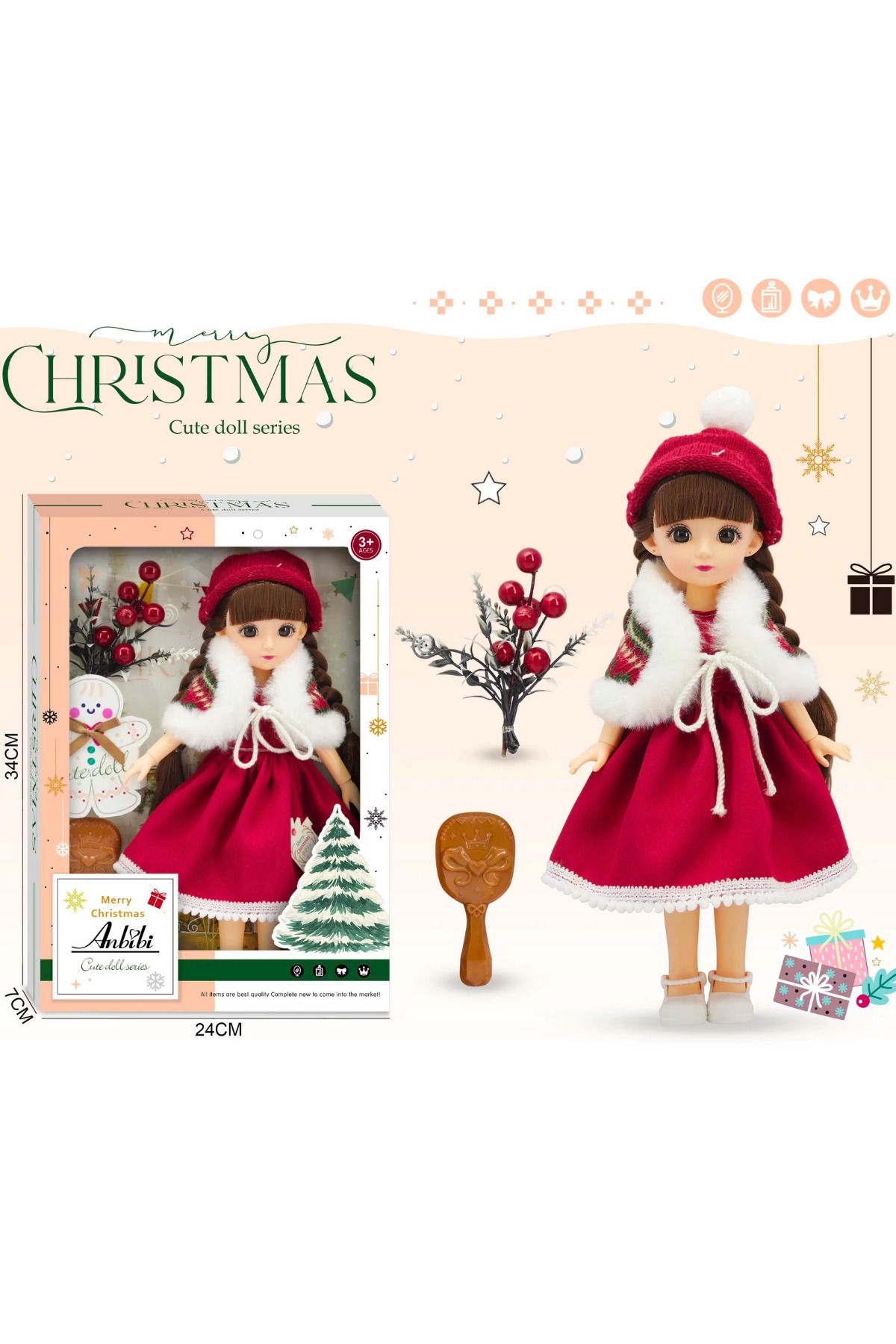 TUENGİ STORE Merry Christmas Yılbaşı Bebeği Kıyafetli Aksesuarlı Premium Kalite Gerçekçi Oyuncak Bebek 30 Cm