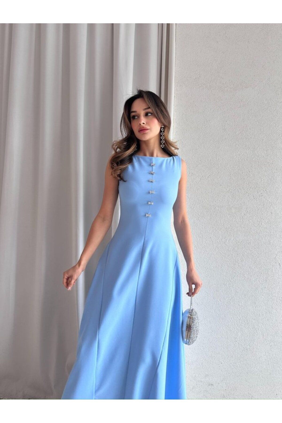 popibutik Kadın Taş Fiyonk Detaylı Uzun Elbise