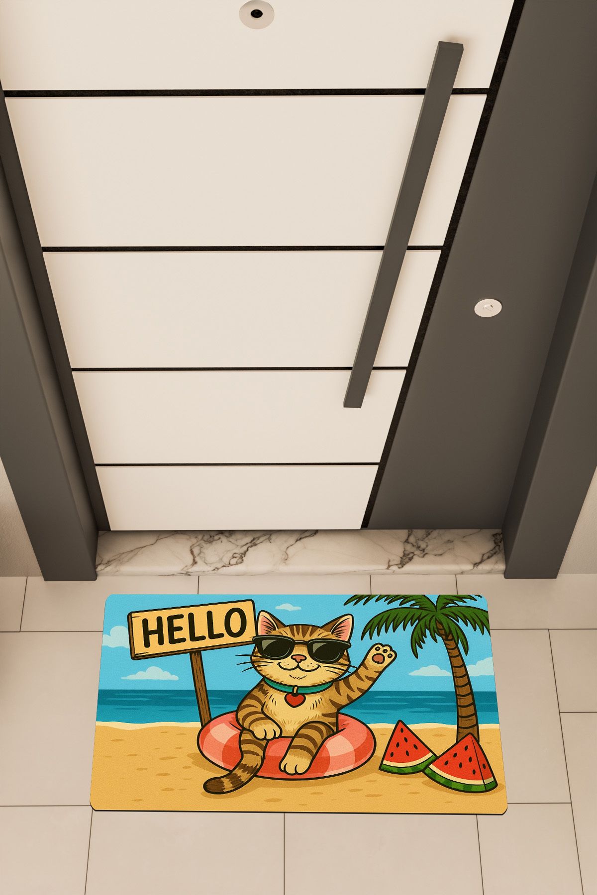 Dormot Home Yüksek Kaliteli Dijital Baskı , Kumda Hello Kedi, temalı Kapı Önü Paspası