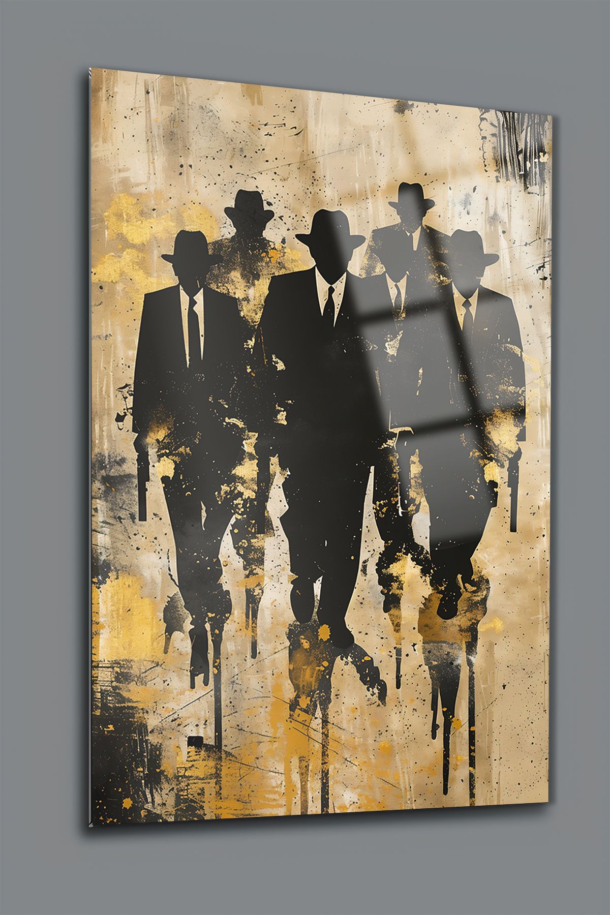 glassartdesign Siyah Elbiseli Mafia Adamlar Cam Tablo - Modern Tablo - Sürrealist Tablo - Soyut Tablo