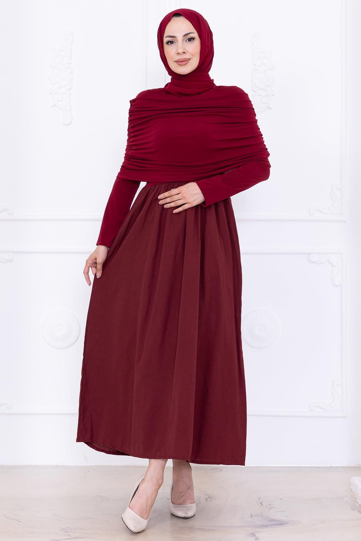 hafsamina Drapeli Elbise Bordo HM2780